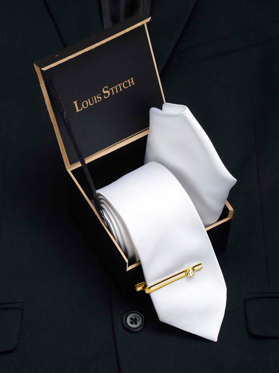 

LOUIS STITCH Men Italian Silk Necktie Accessories Gift Set, White