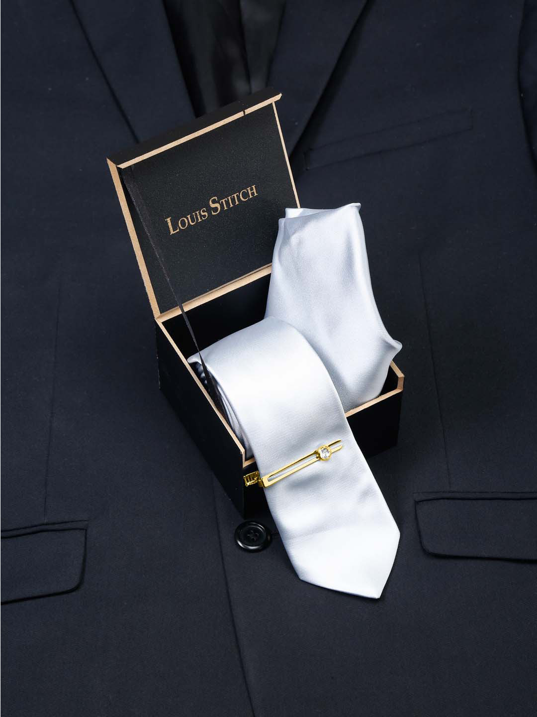 

LOUIS STITCH Men Italian Silk Necktie Set With Pocket Square, Silver