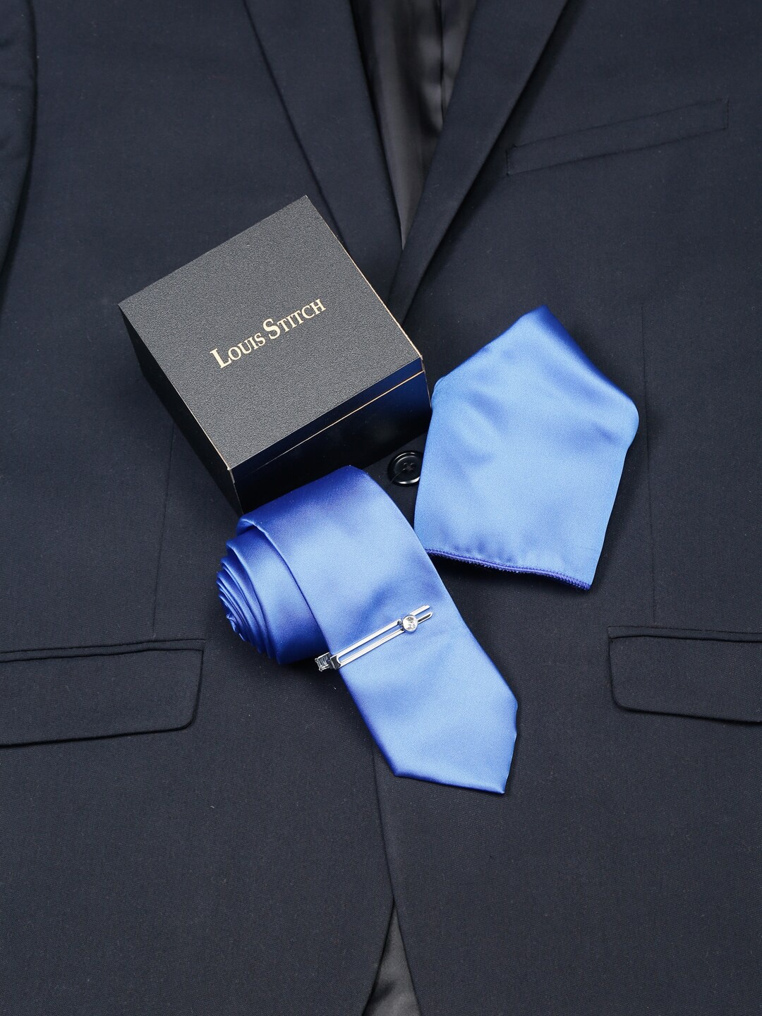 

LOUIS STITCH Men Italian Silk Necktie Set With Pocket Square, Blue