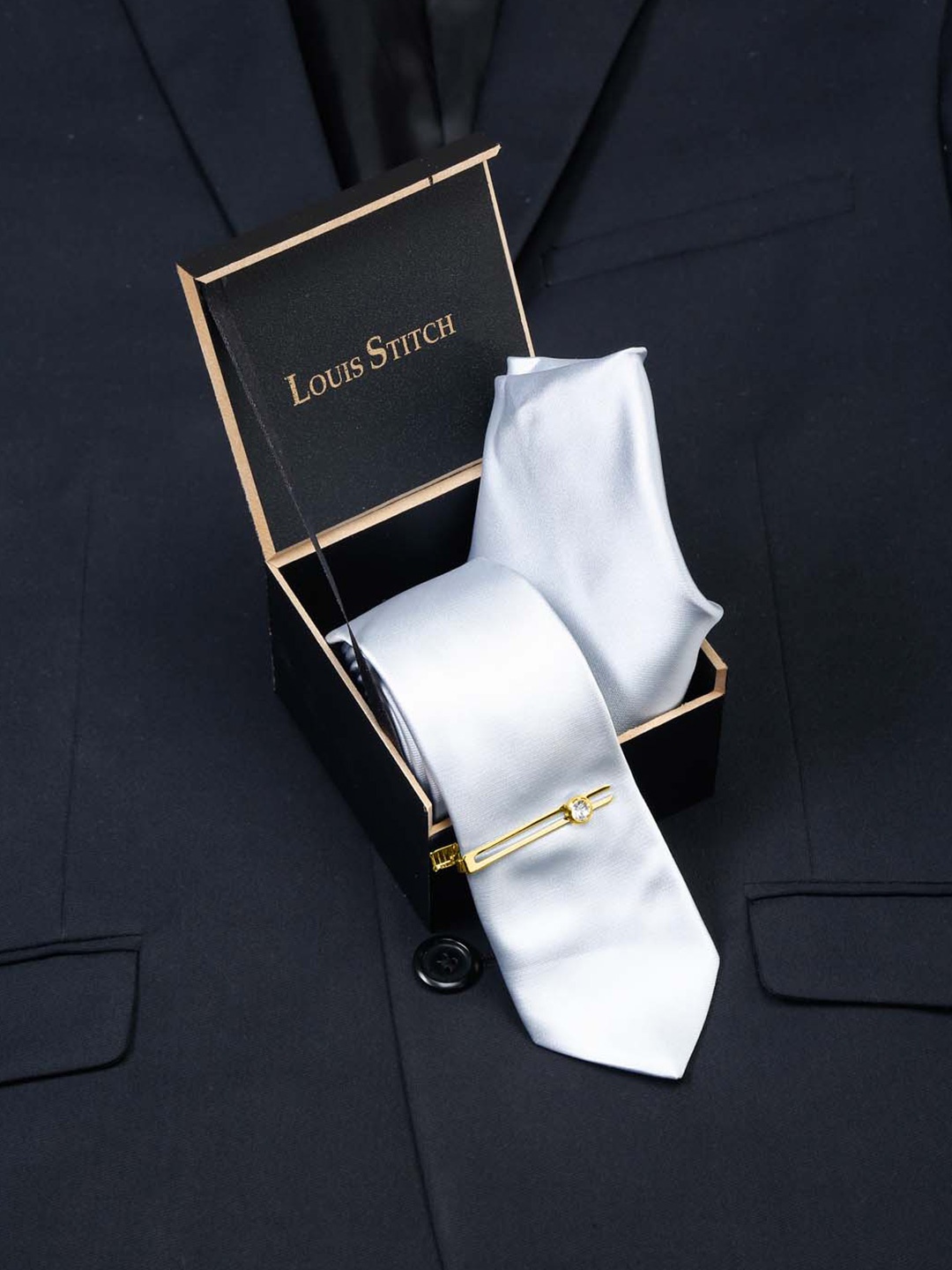 

LOUIS STITCH Men Italian Silk Necktie Set With Pocket Square, Silver