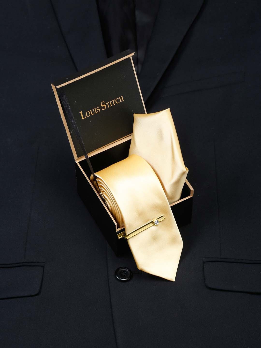 

LOUIS STITCH Men Italian Silk Necktie Accessories Gift Set, Yellow