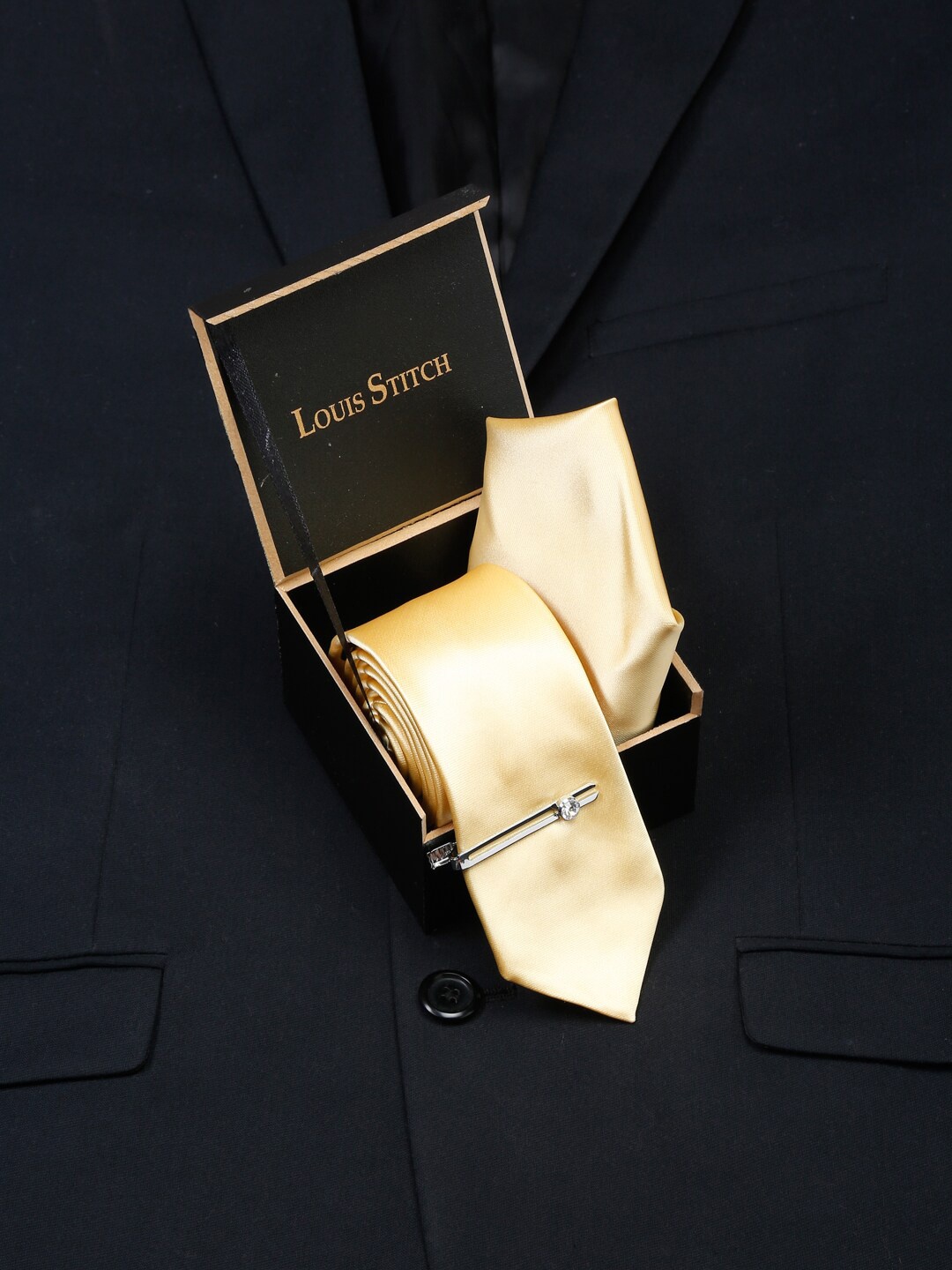 

LOUIS STITCH Men Italian Silk Necktie Accessories Gift Set, Yellow