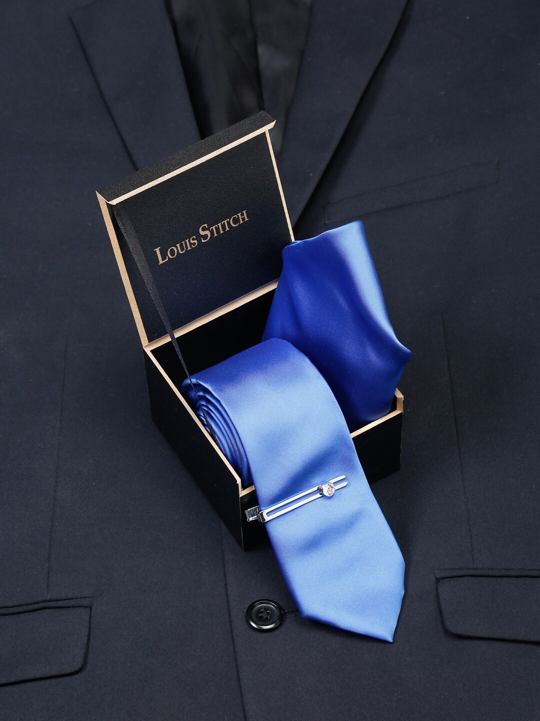 

LOUIS STITCH Men Italian Silk Necktie Accessories Gift Set, Blue