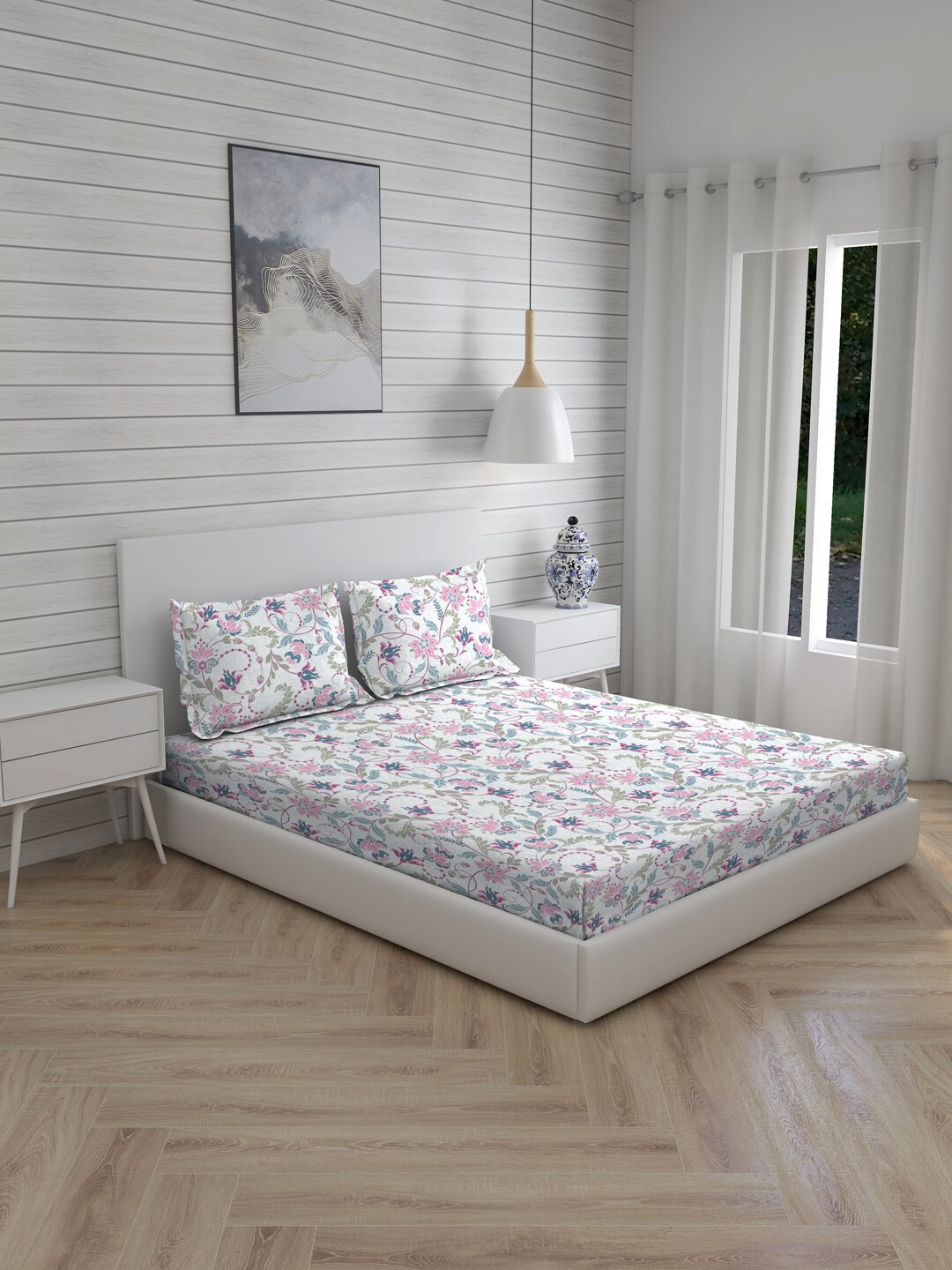 

Boutique Living India Cool Night 1 White 230 TC Fitted Queen Bedsheet & 2 Pillow Covers