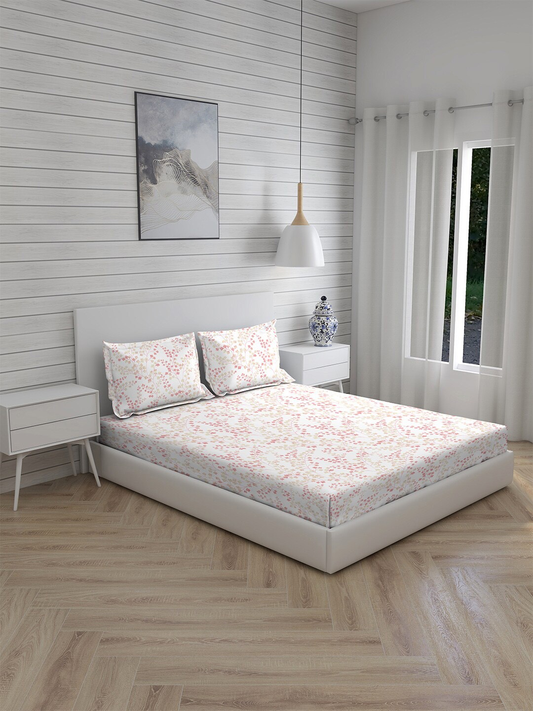 

Boutique Living India Cottage Garden-2 White Flat Cotton King Bedsheet & 2 Pillow Covers