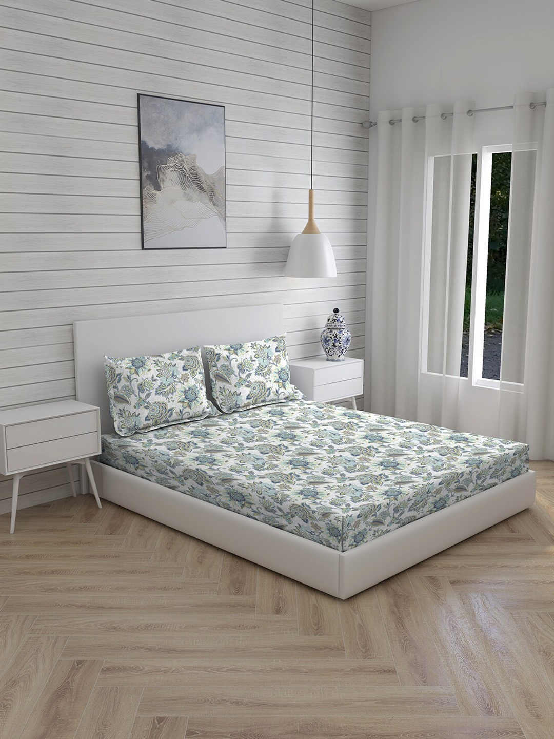 

Boutique Living India Cool Night-1 White Flat Cotton Queen Bedsheet With 2 Pillow Covers