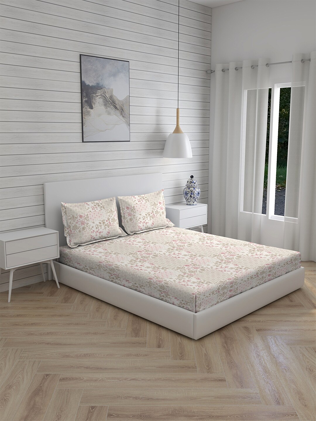 

Boutique Living India Cottage Garden-2 Beige Flat Cotton King Bedsheet & 2 Pillow Covers