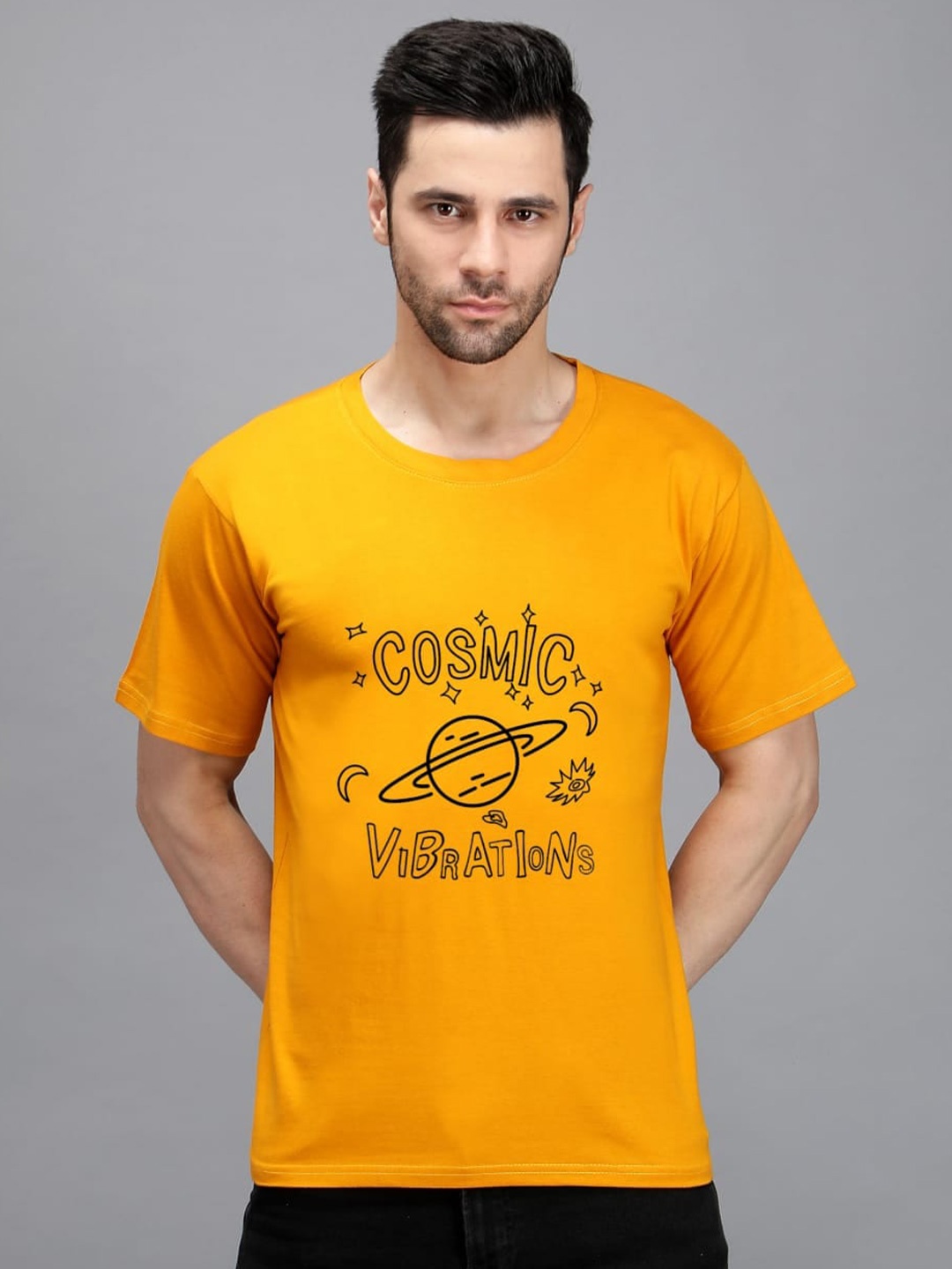 

TRENDY RABBIT Men Graphic Printed Cotton T-shirt, Mustard