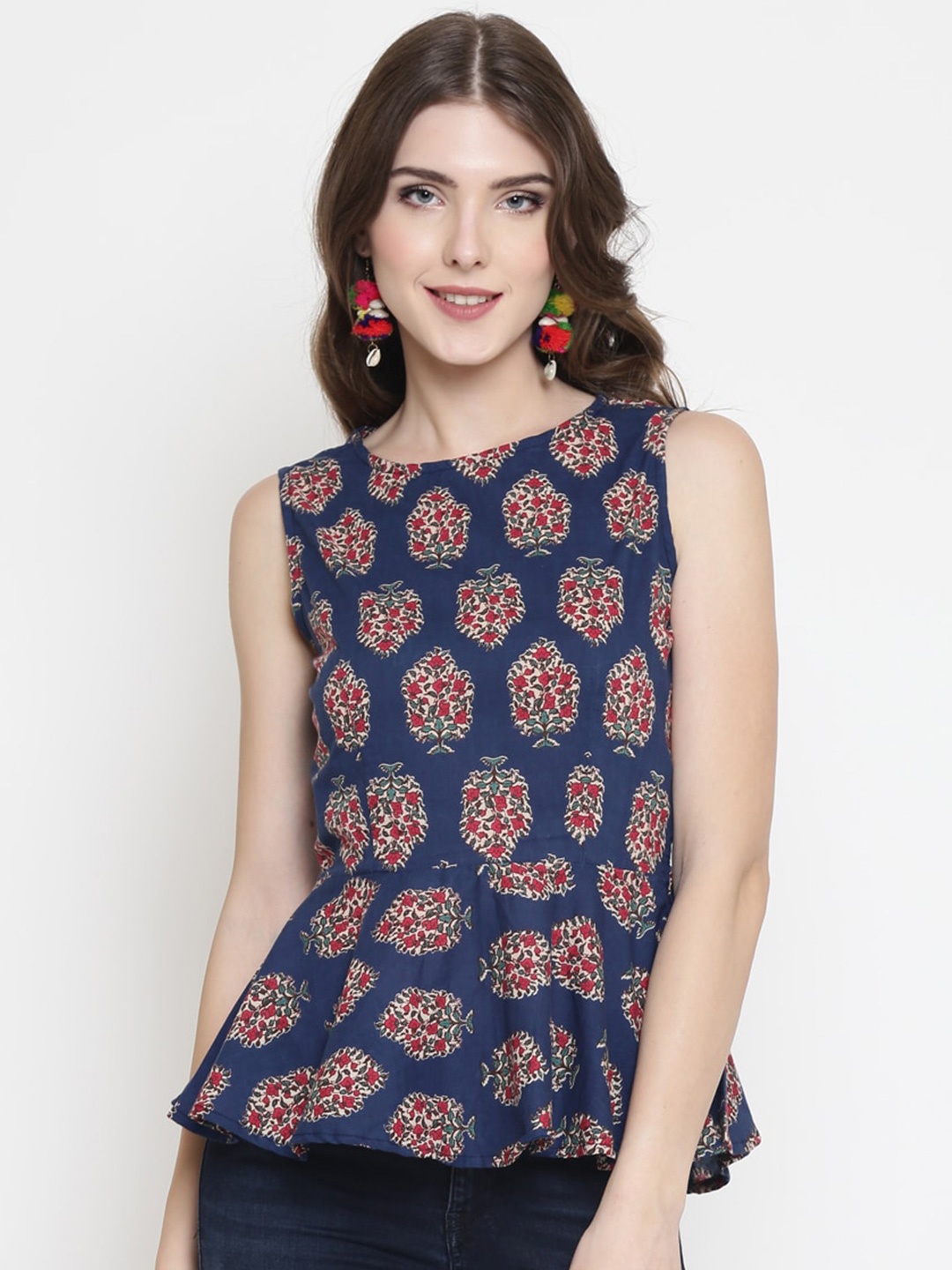 

Sera Ethnic Motifs Printed Pure Cotton Peplum Top, Navy blue