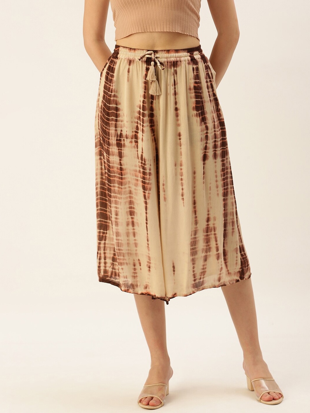 

De Moza Women Tie & Dye Printed Loose Fit Culottes Trousers, Brown