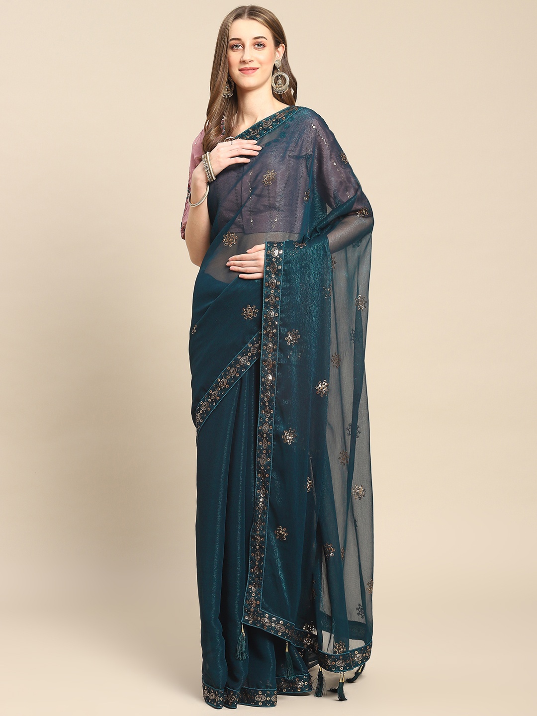 

SHUBHVASTRA Floral Sequinned Poly Chiffon Saree, Teal
