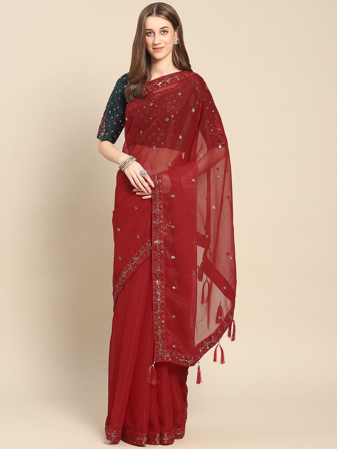 

SHUBHVASTRA Woven Design Sequinned Poly Chiffon Saree, Red