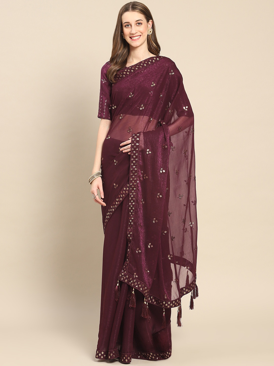

SHUBHVASTRA Floral Sequinned Poly Chiffon Saree, Purple