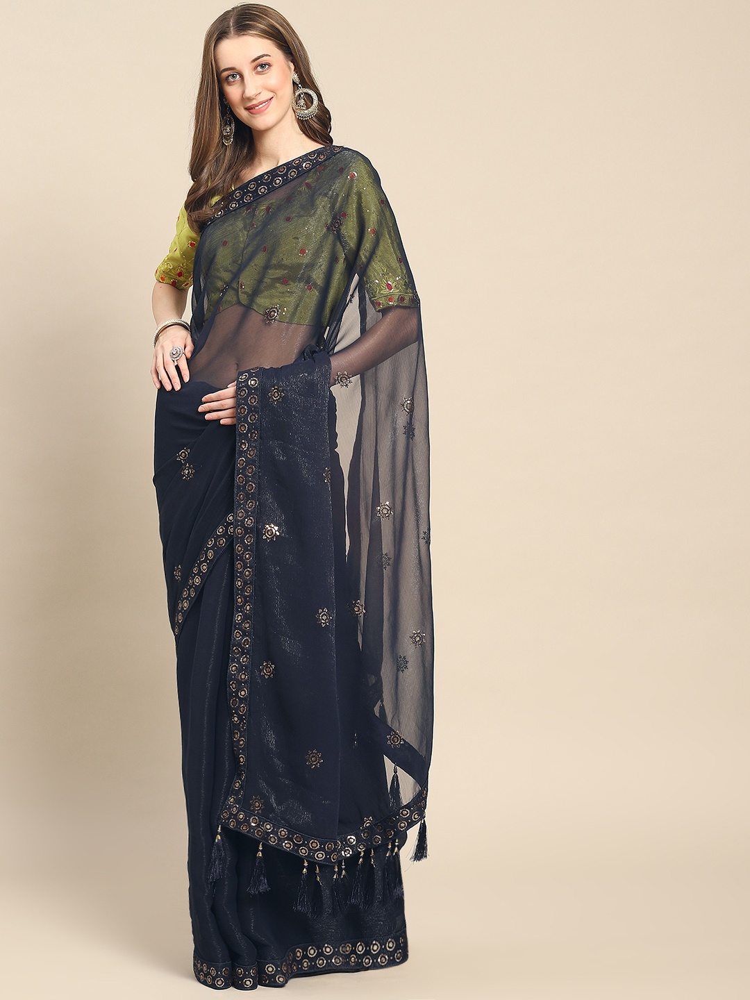 

SHUBHVASTRA Floral Sequinned Poly Chiffon Saree, Navy blue