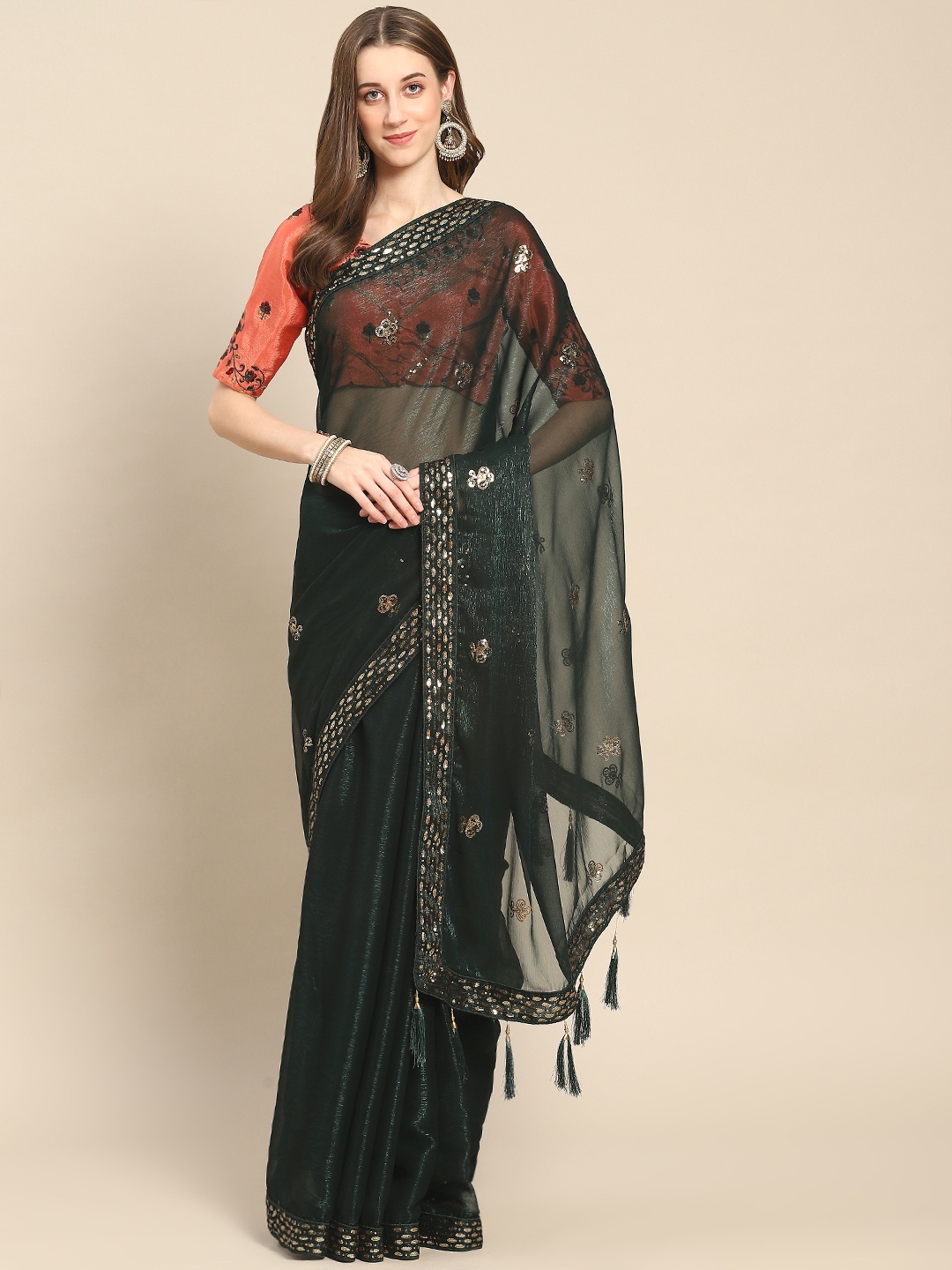 

SHUBHVASTRA Floral Sequinned Poly Chiffon Saree, Green
