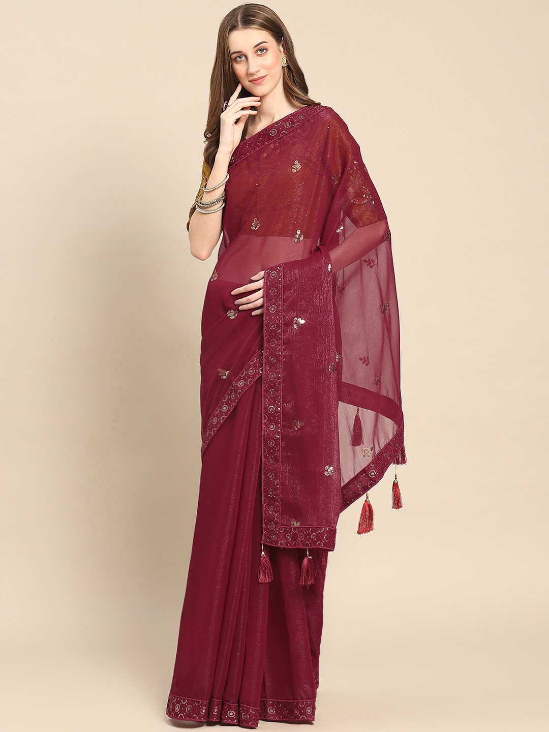 

SHUBHVASTRA Floral Sequinned Poly Chiffon Saree, Maroon