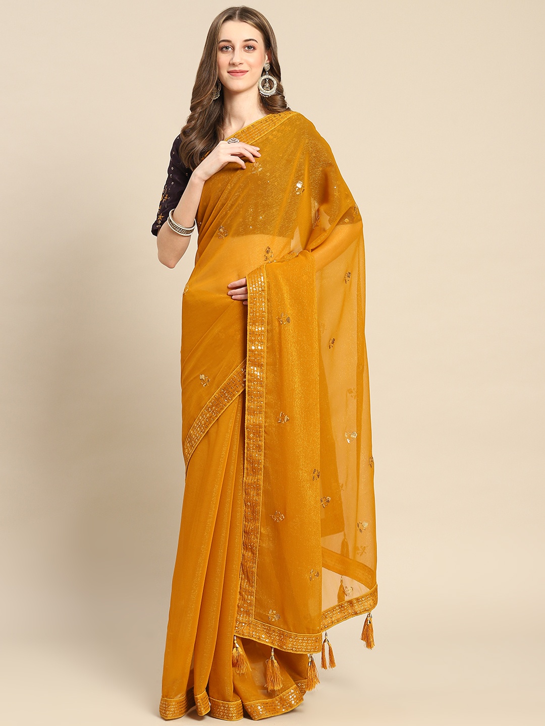 

SHUBHVASTRA Floral Sequinned Poly Chiffon Saree, Yellow