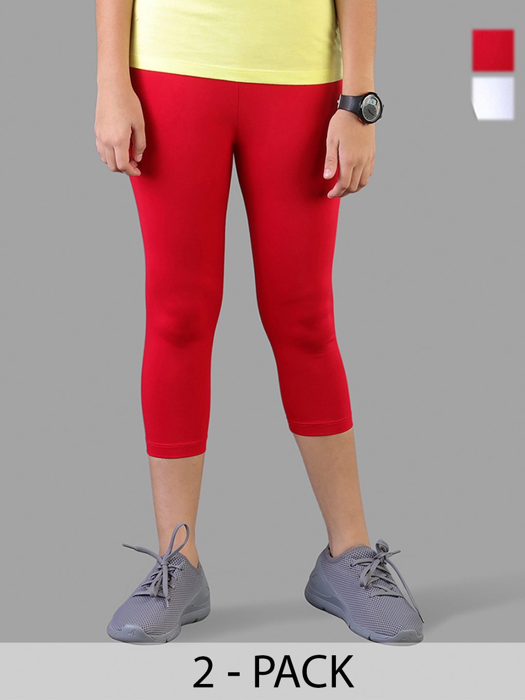

TWIN BIRDS Girls Pack Of 2 Pure Cotton Three Fourth-Length Leggings, Red