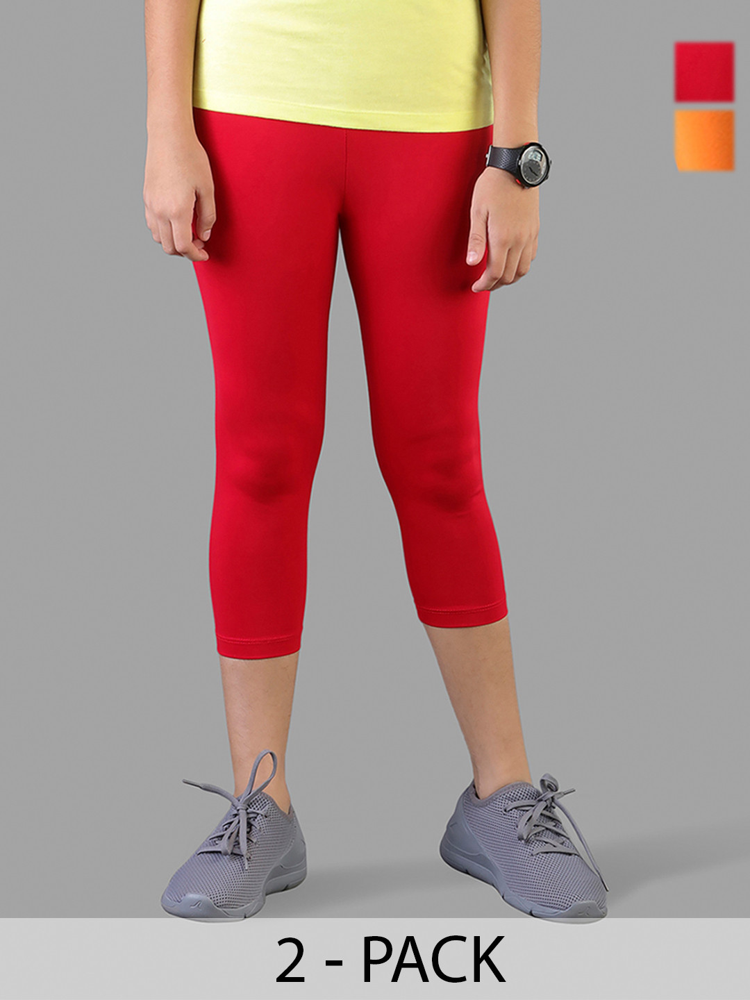 

TWIN BIRDS Girls Pack Of 2 Pure Cotton Three Fourth-Length Leggings, Orange