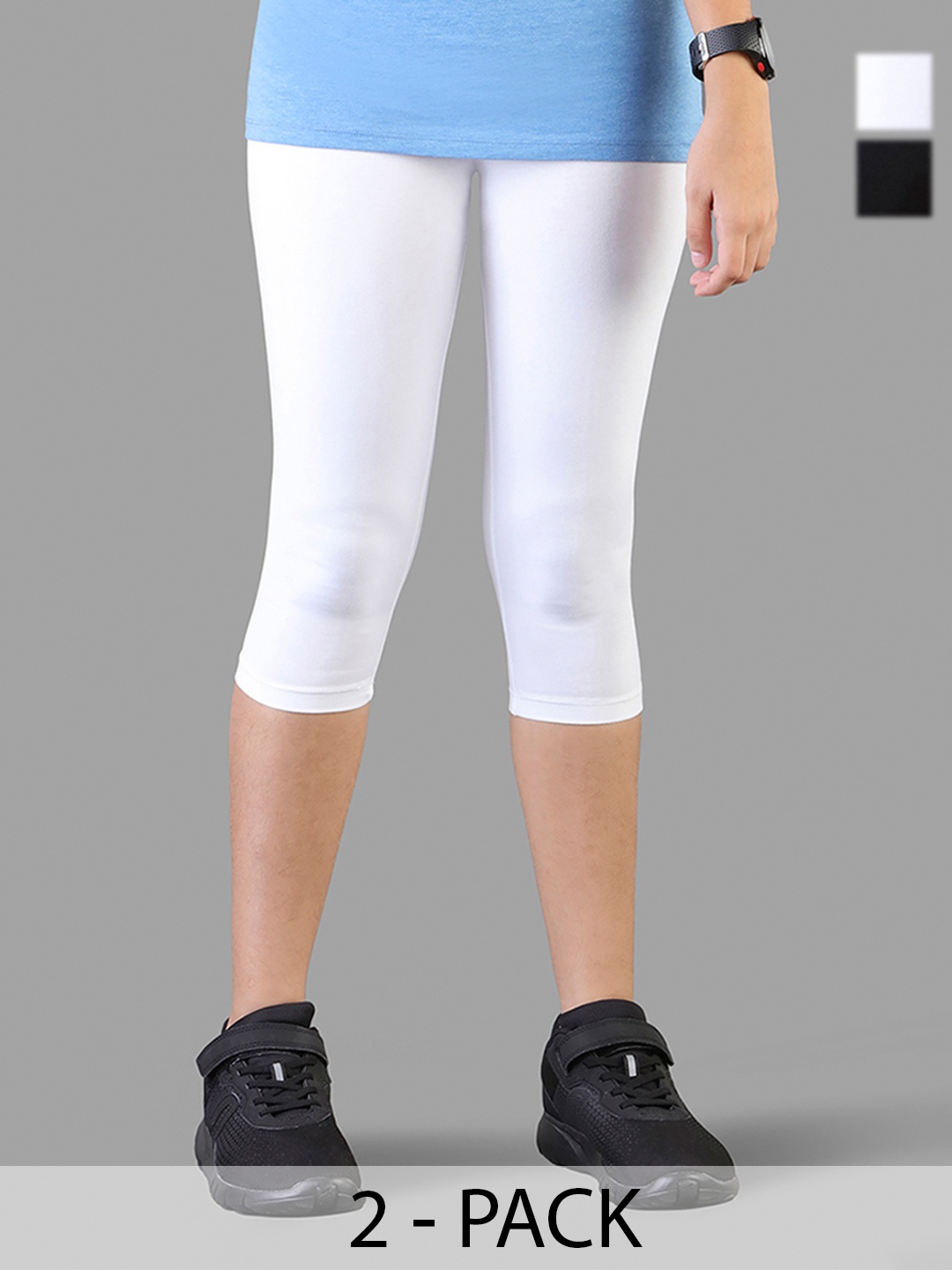 

TWIN BIRDS Girls Pack of 2 Pure Cotton Three Fourth-Length Leggings, Black