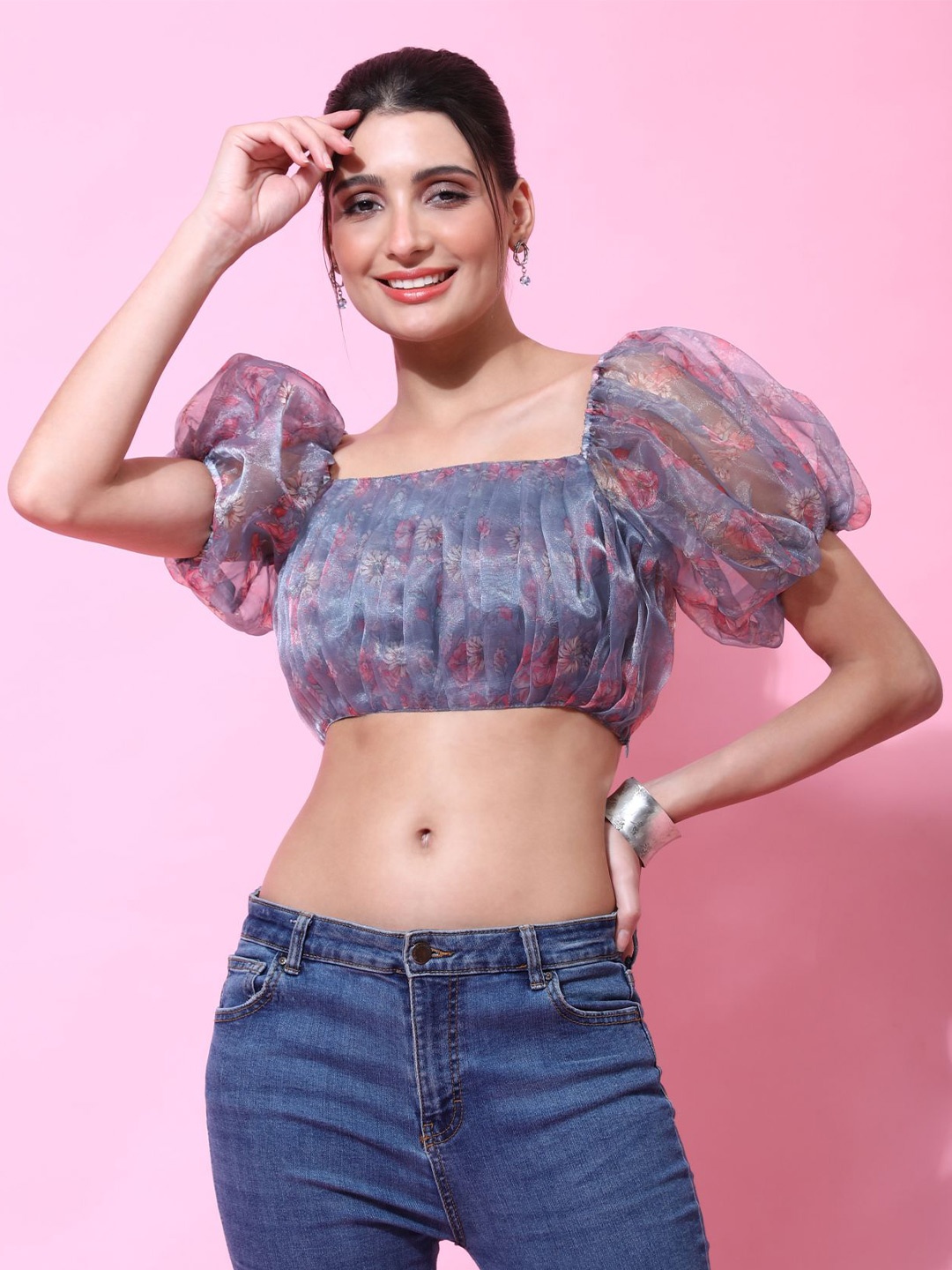 

Phenav Grey Print Blouson Crop Top