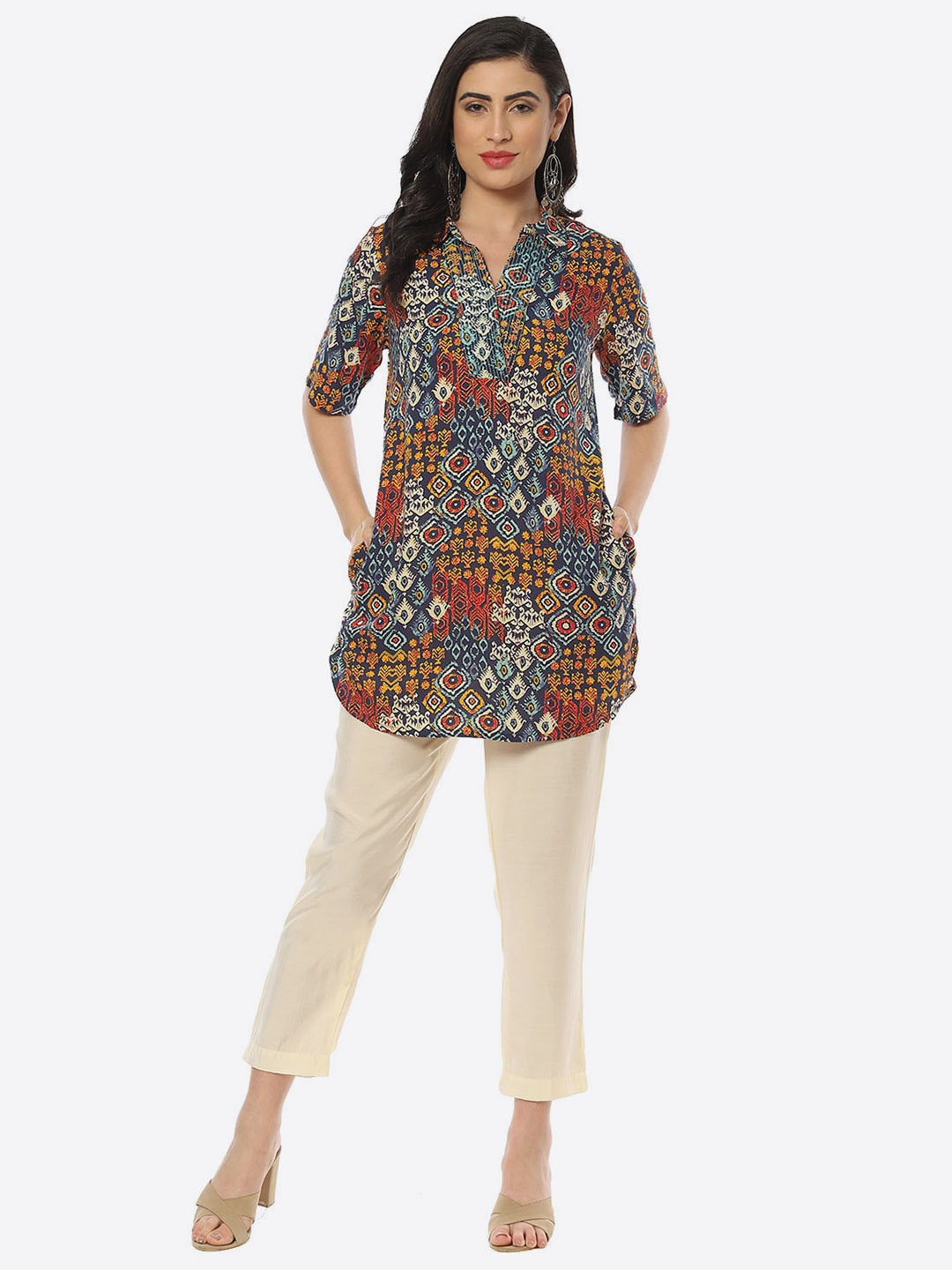 

Biba Mandarin Collar Floral Print Top, Navy blue