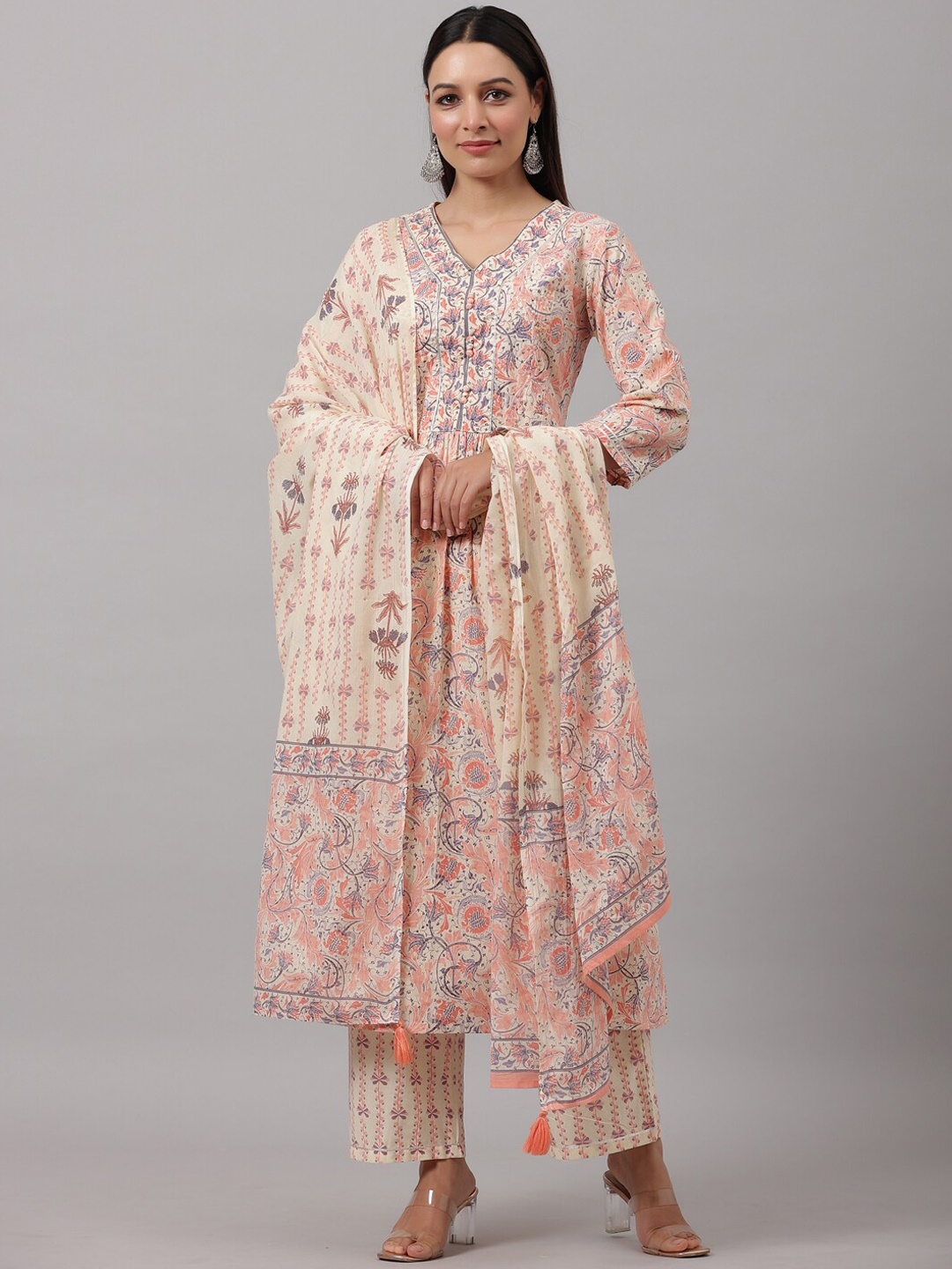 

Do Dhaage Women Floral Printed Sequinned Pure Cotton Kurta with Trousers & Dupatta, Pink