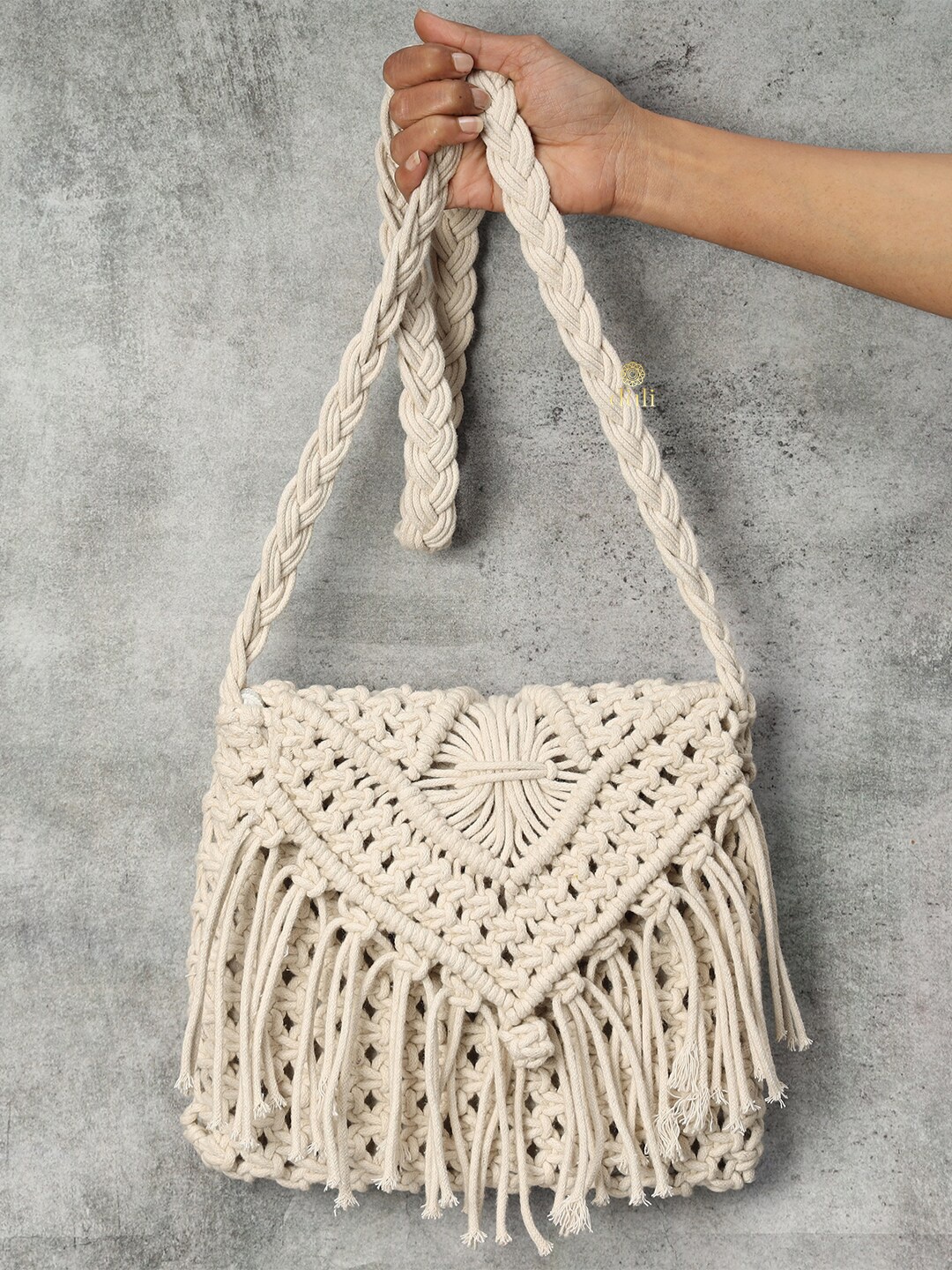 

DULI Self Design Tasselled Cotton Macrame Sling Bag, Cream