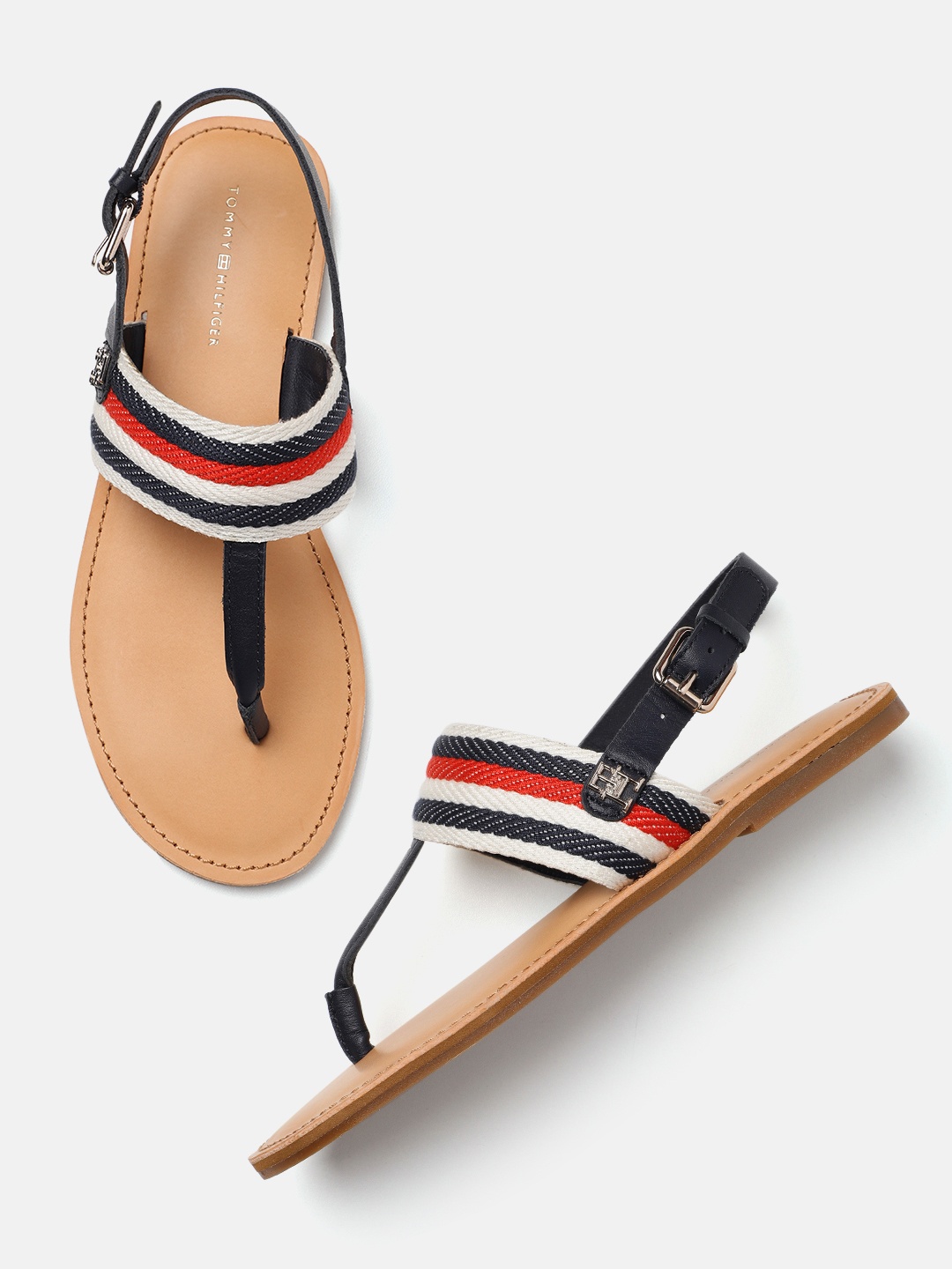 

Tommy Hilfiger Women Striped T-Strap Flats, White