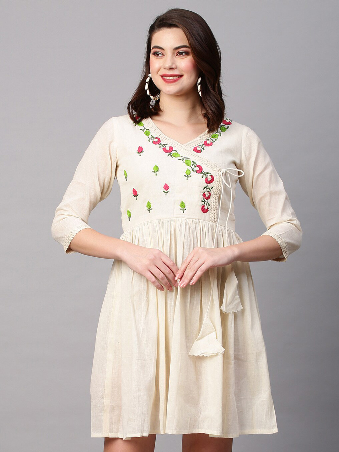

KALINI Floral Embroidered Tie-Ups A-Line Dress, Cream