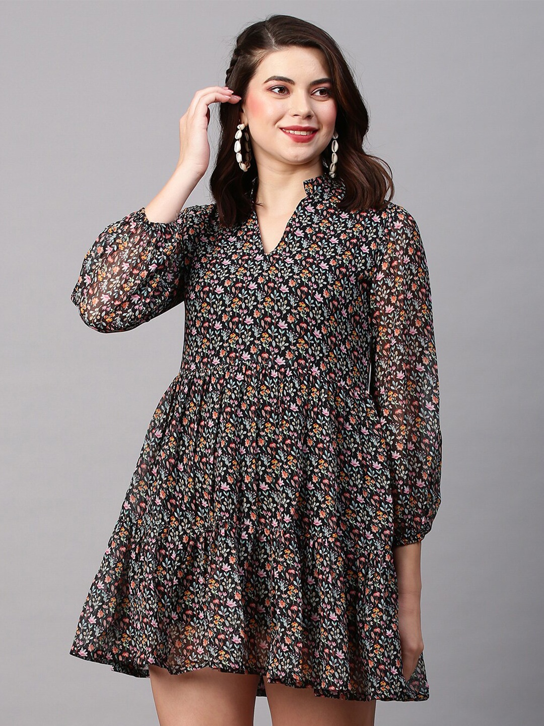 

KALINI Floral Printed Georgette Mini A-Line Dress, Black