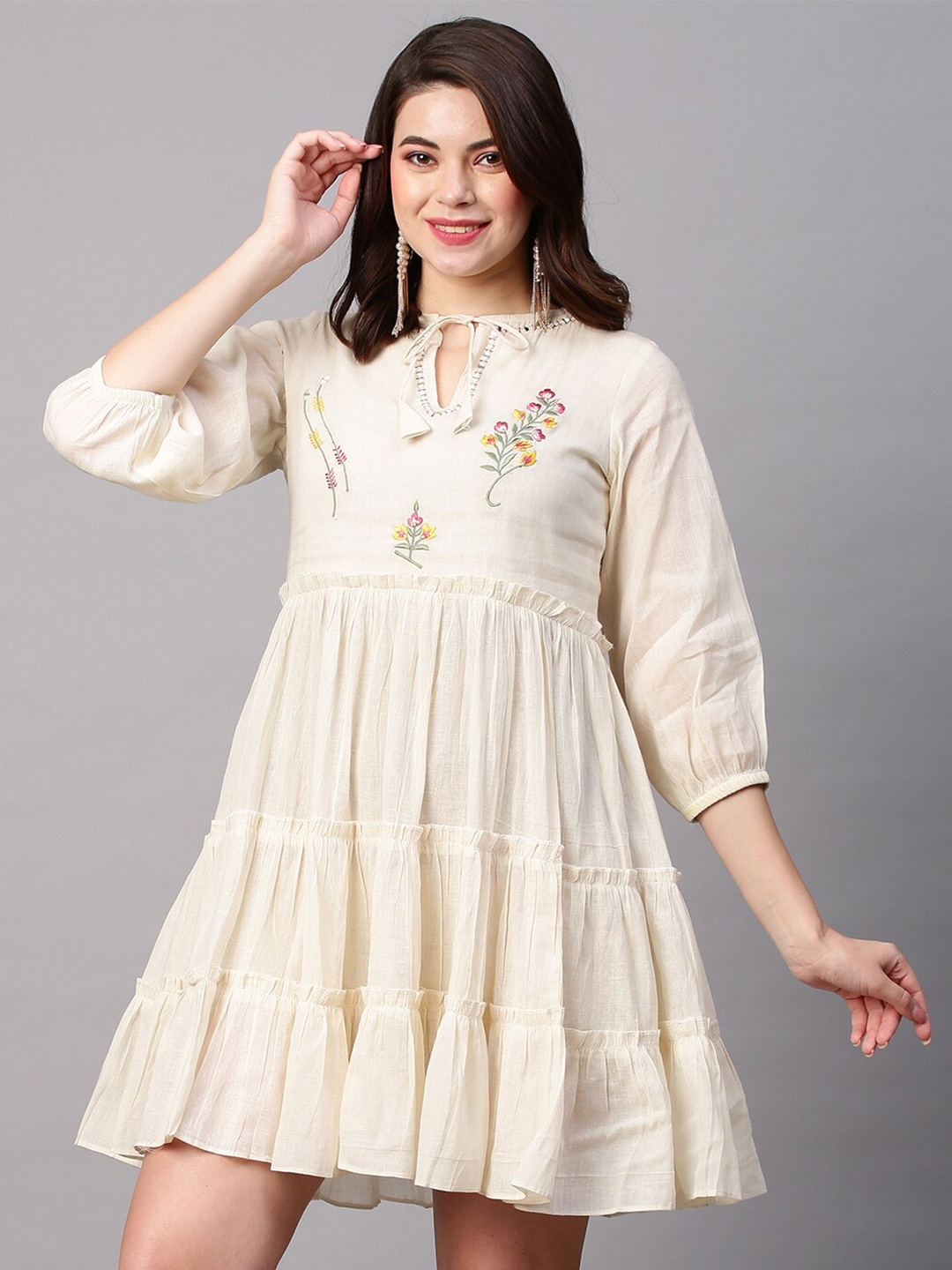 

KALINI Floral Embroidered Tiered Tie-Up Neck Dress, Cream