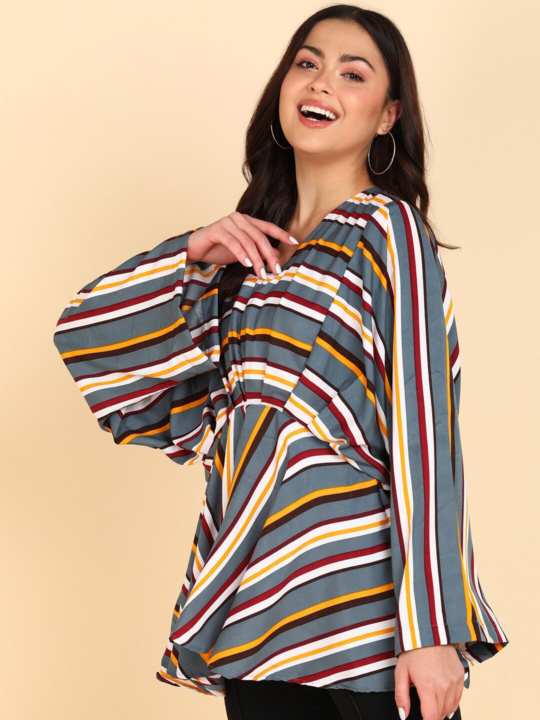 

Sangria Striped Crepe Cinched Waist Top, Grey
