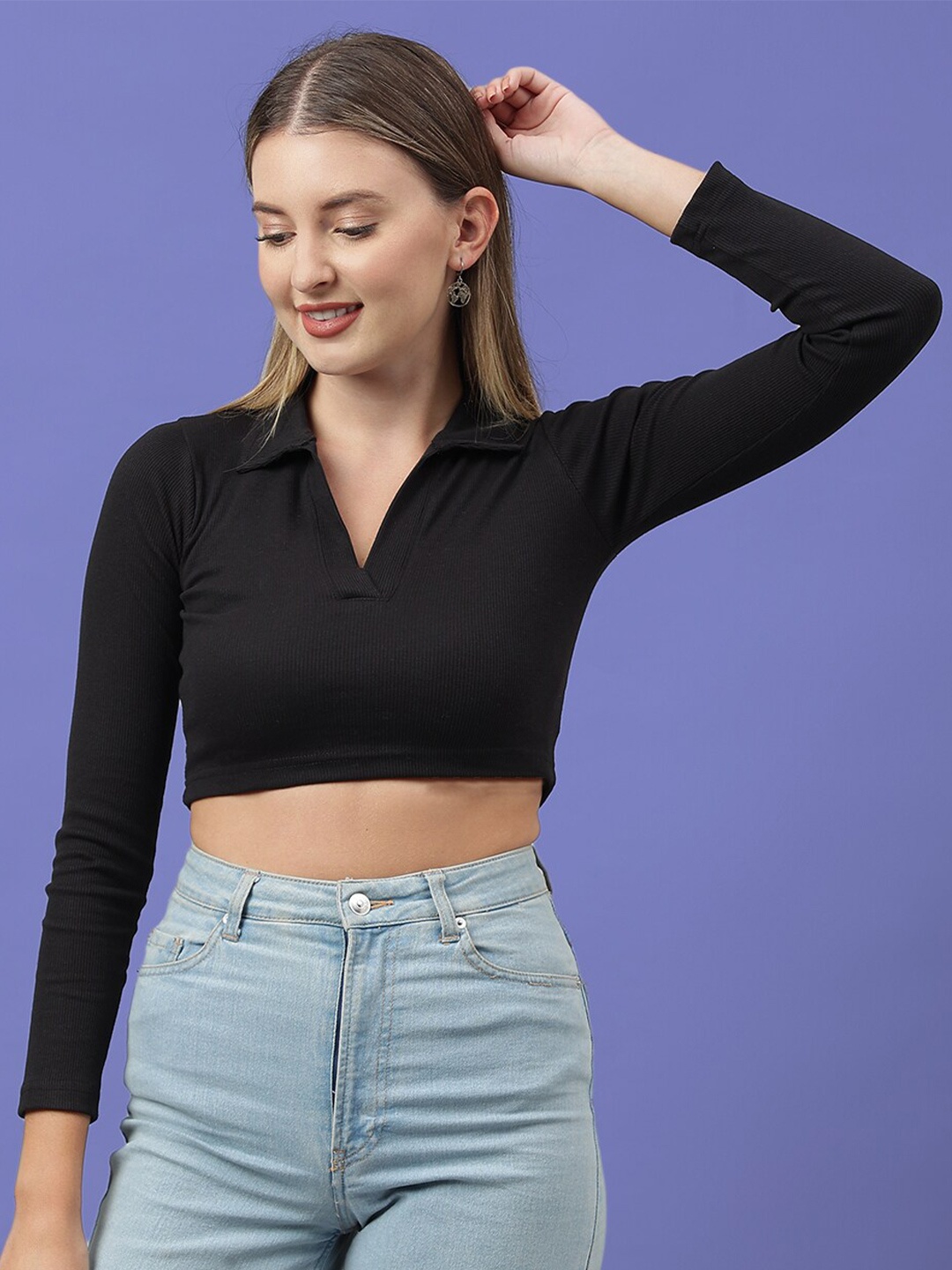 

COLOR CAPITAL Shirt Collar Fitted Crop Top, Black