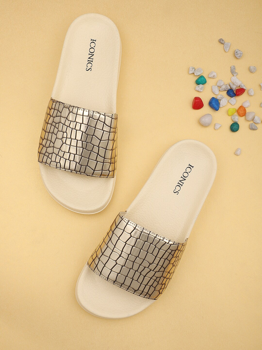 

ICONICS Women Printed Sliders, Gold