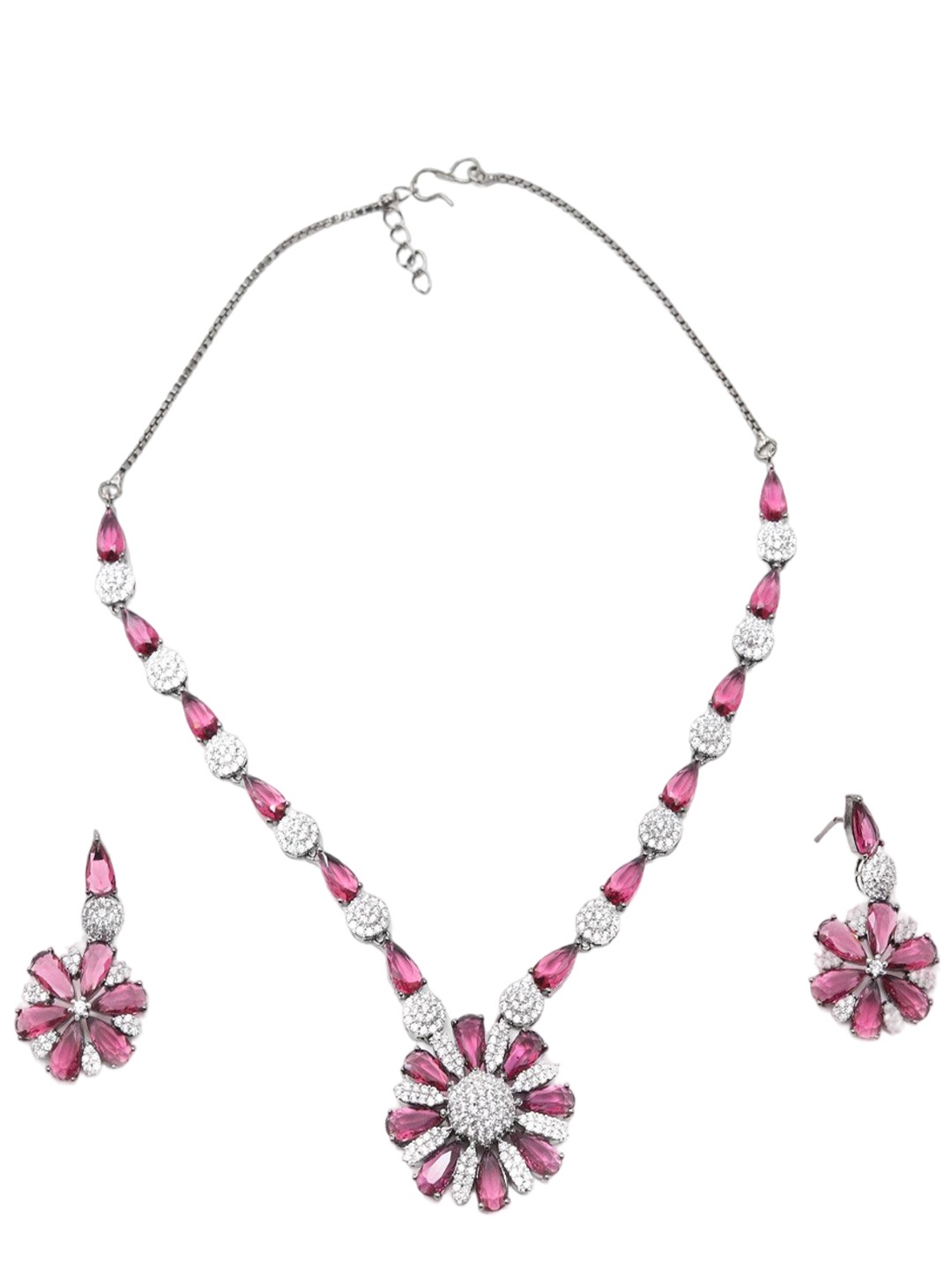 

ODETTE Silver-Plated Artificial Stone-Studded Jewellery Set, Pink