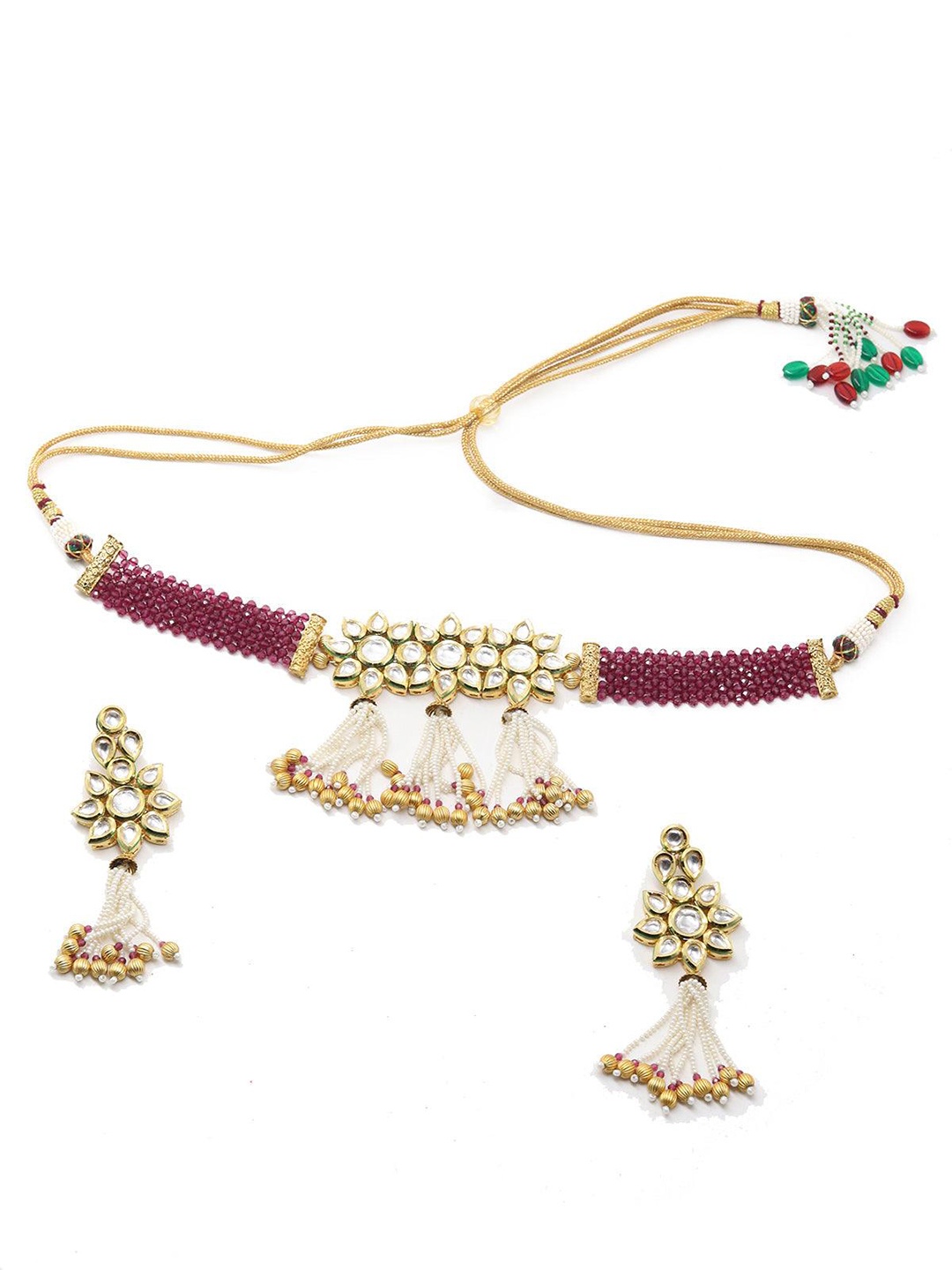 

ODETTE Kundan Stone-Studded & Beaded Choker Jewellery Set, Maroon