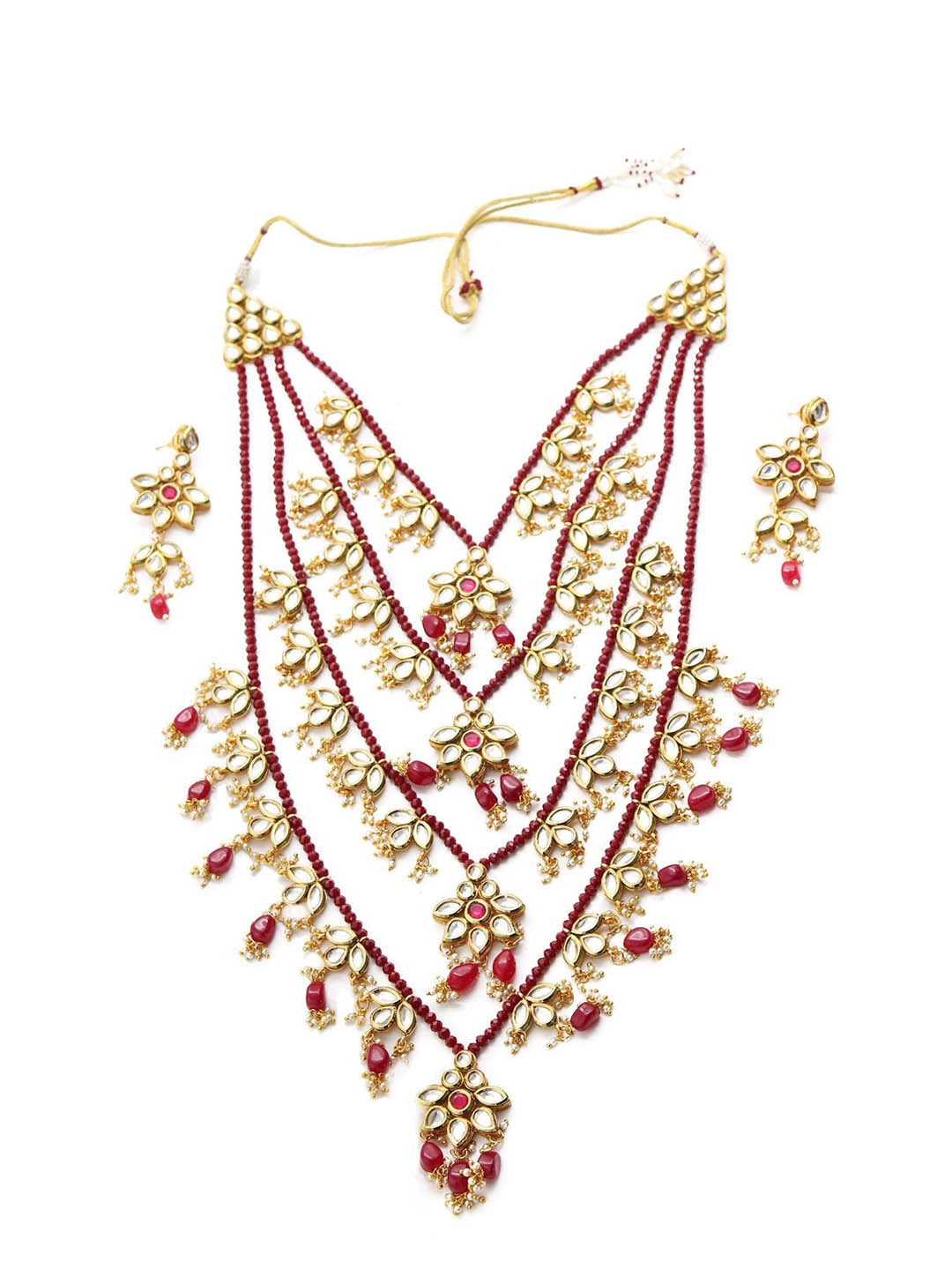 

ODETTE Women Gold-Plated Kundan-Studded & Pearl Beaded Jewellery Set, Maroon