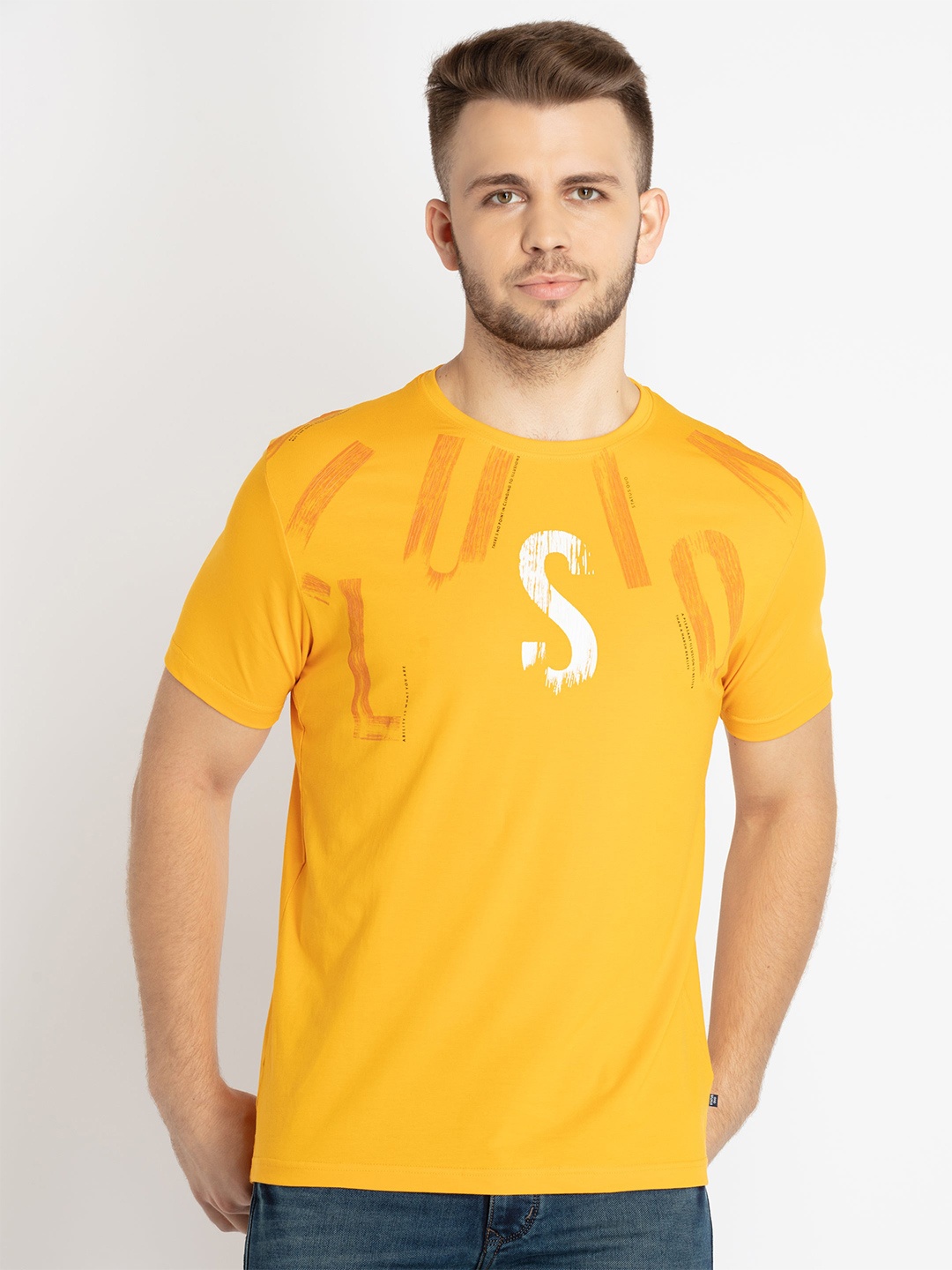 

Status Quo Men Typography Printed Cotton T-shirt, Mustard