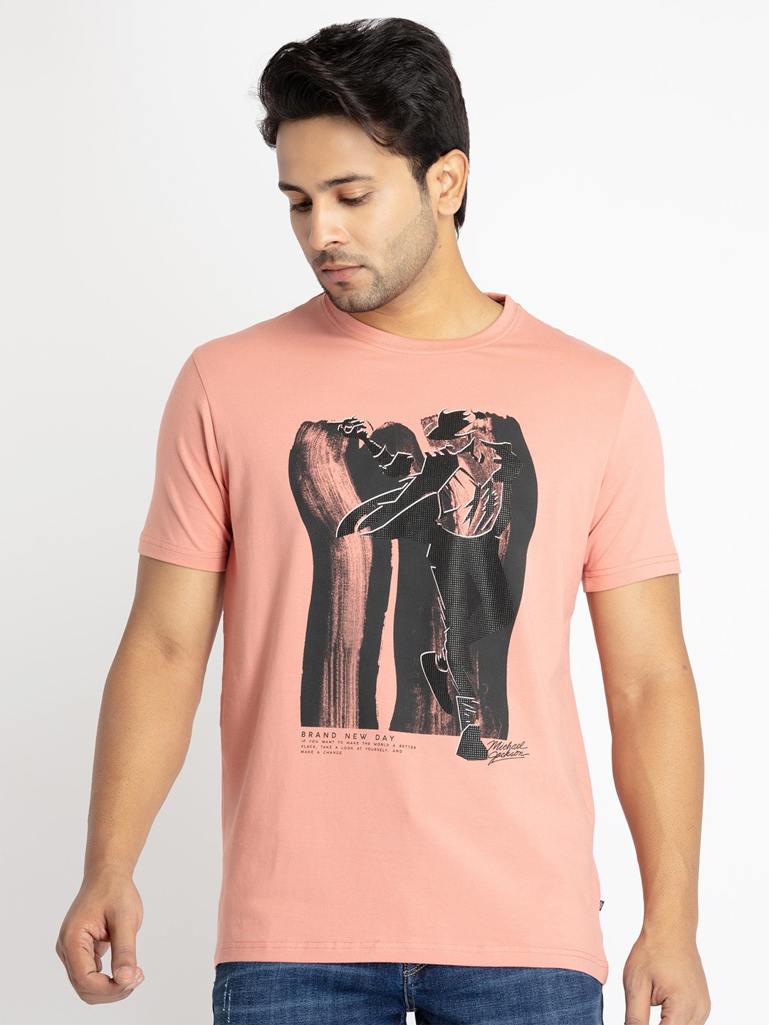 

Status Quo Men Plus Size Printed Cotton T-shirt, Coral