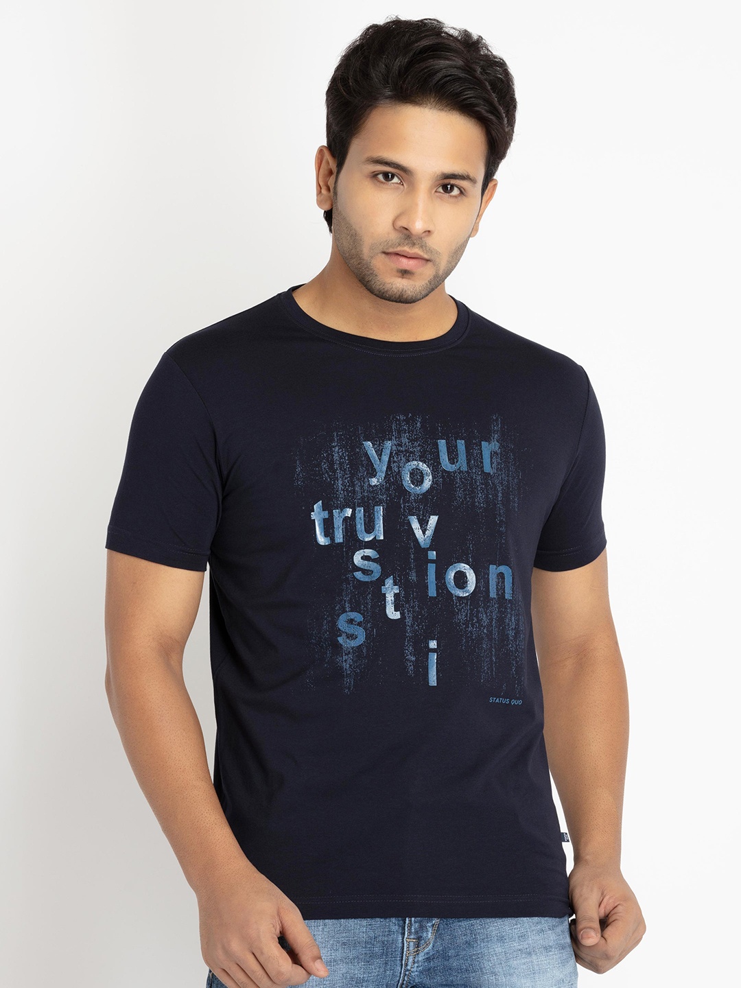 

Status Quo Men Typography Printed Cotton T-shirt, Navy blue