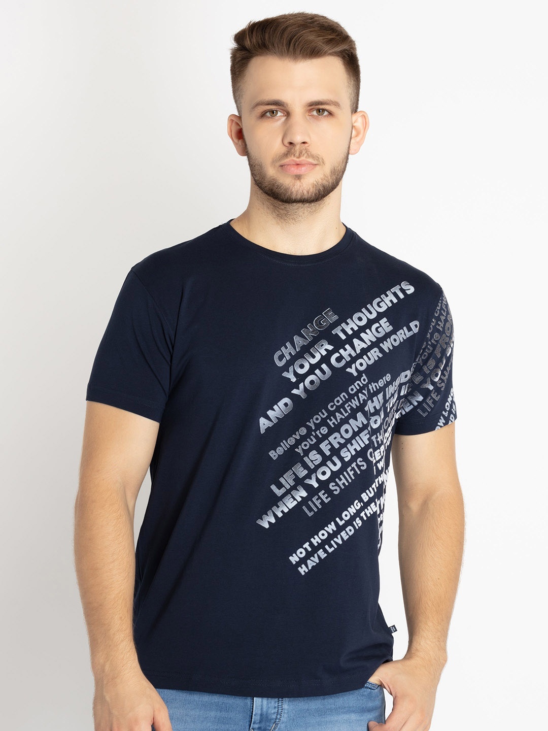 

Status Quo Men Typography Printed Cotton T-shirt, Navy blue