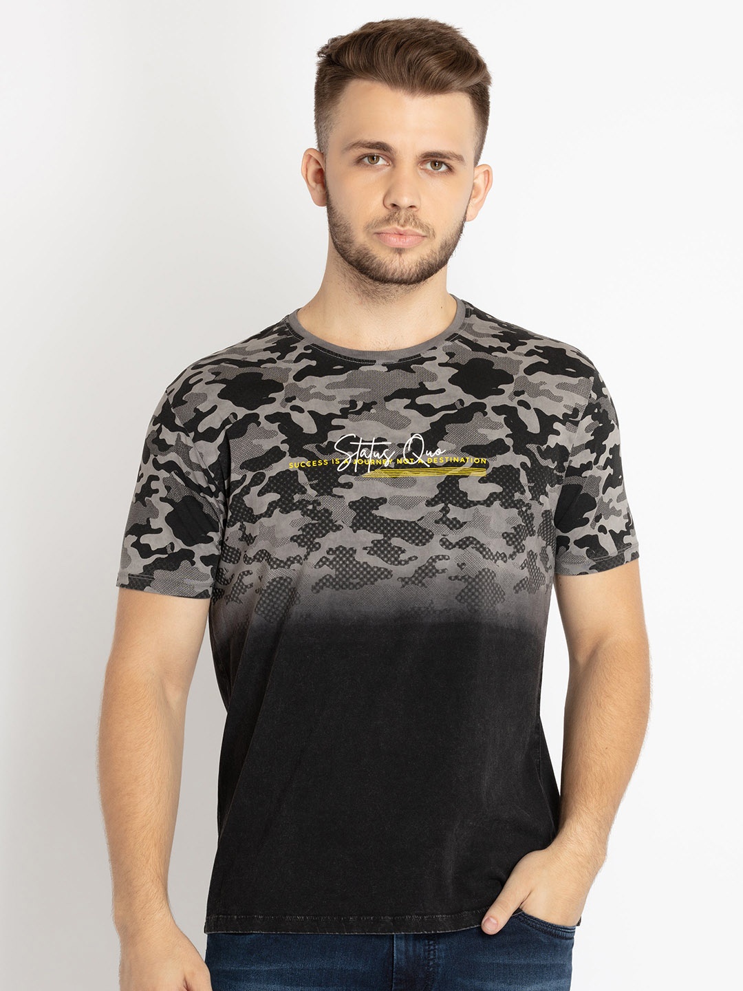 

Status Quo Round Neck Camouflaged Printed Cotton T-shirt, Coffee brown