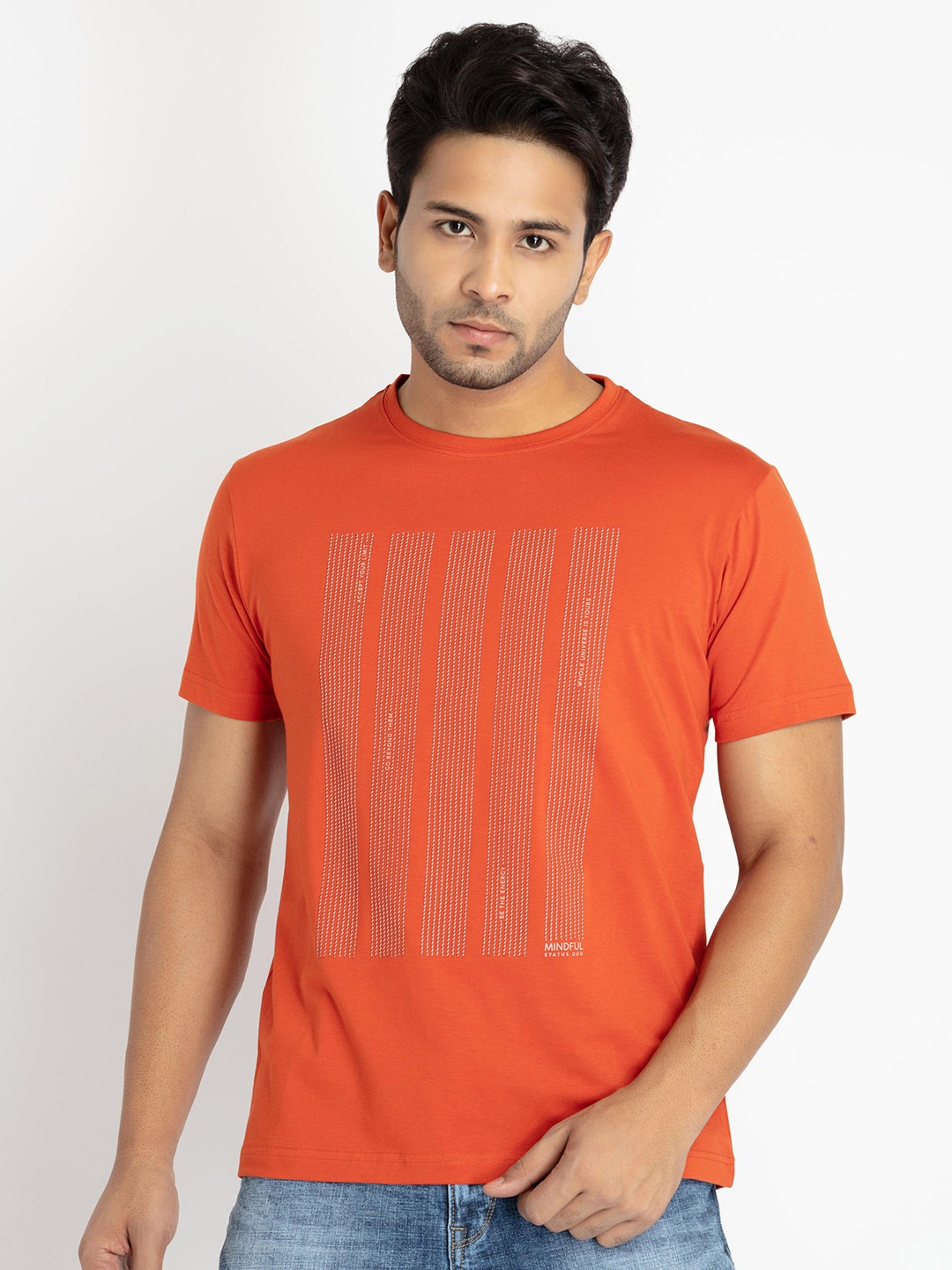 

Status Quo Men Typography Printed Embroidered Cotton T-shirt, Orange
