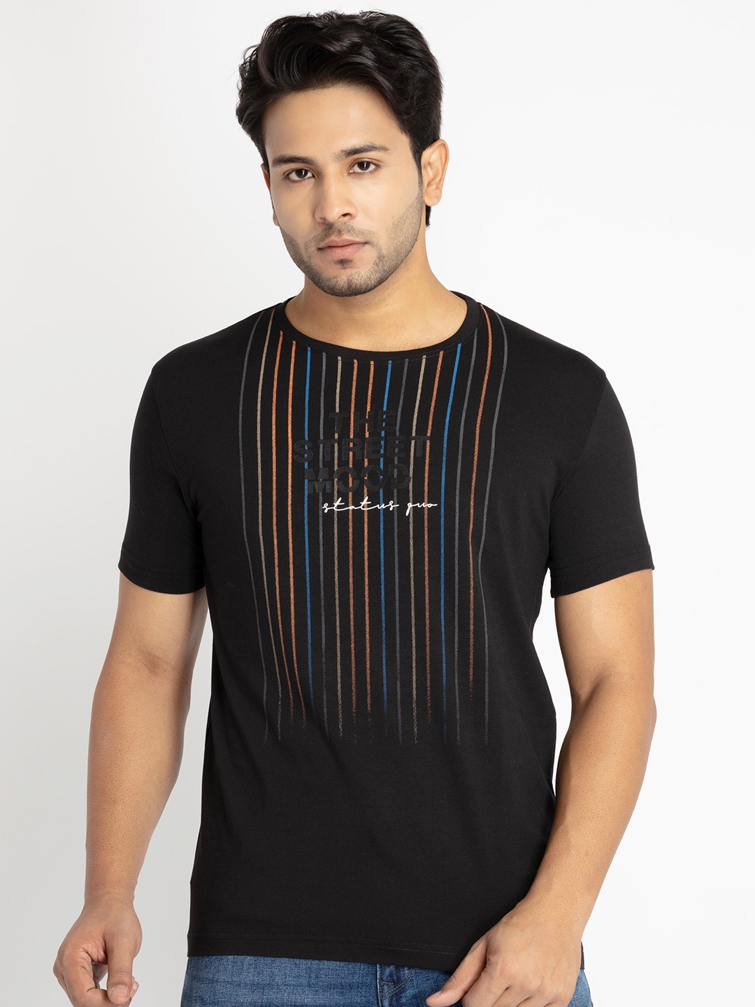 

Status Quo Men Striped T-shirt, Black