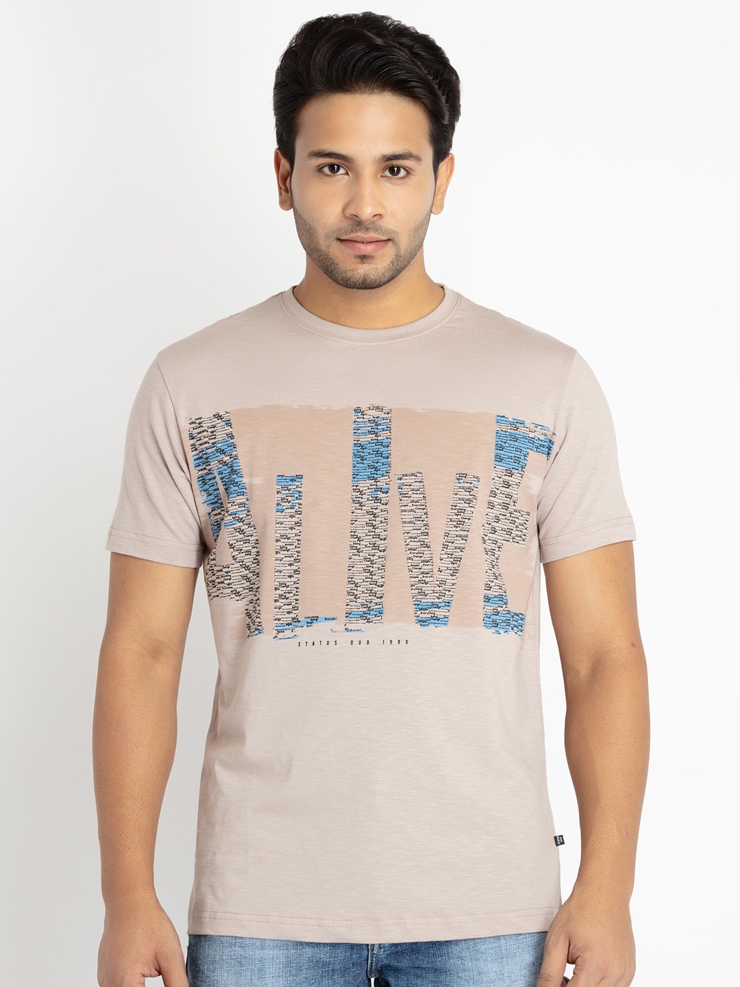 

Status Quo Men Typography Printed Cotton T-shirt, Beige