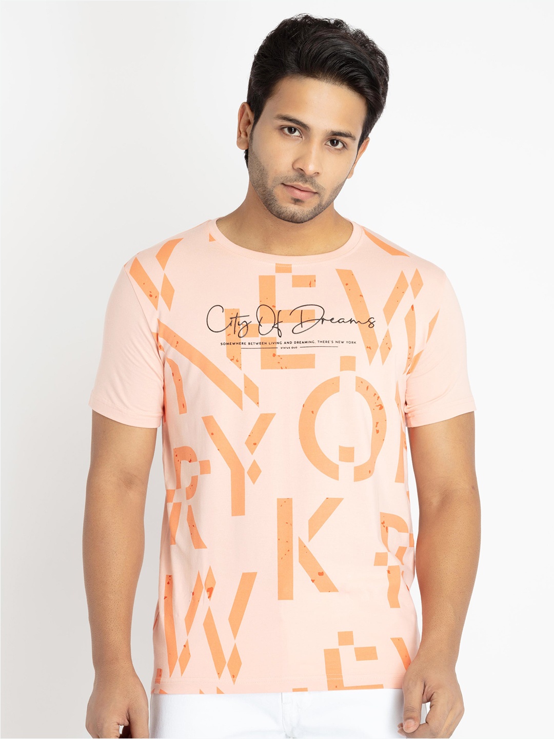 

Status Quo Men Typography Printed T-shirt, Peach