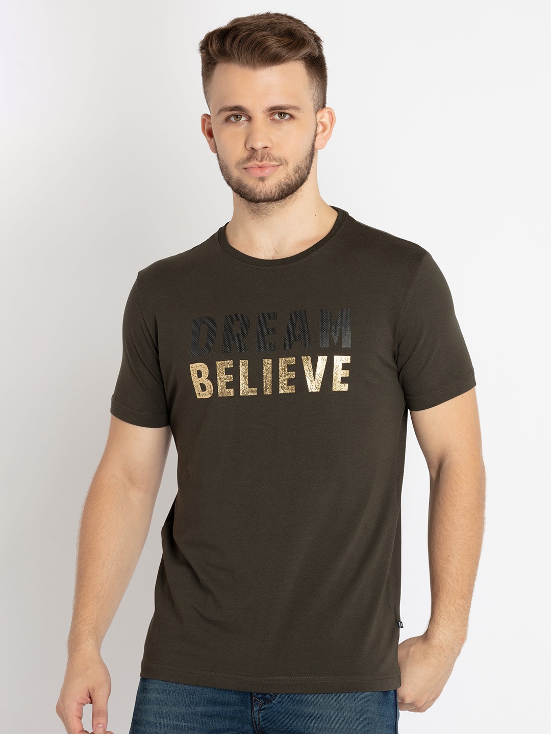 

Status Quo Men Typography Printed Cotton T-shirt, Olive