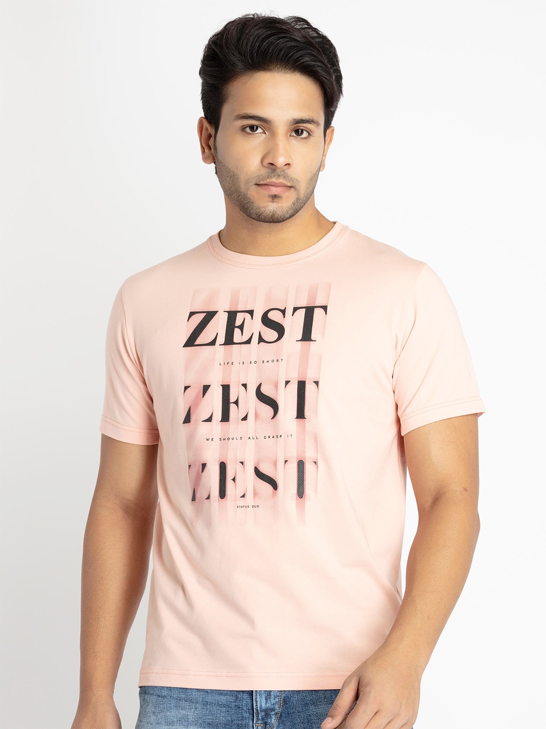 

Status Quo Men Typography Printed Round Neck T-shirt, Peach