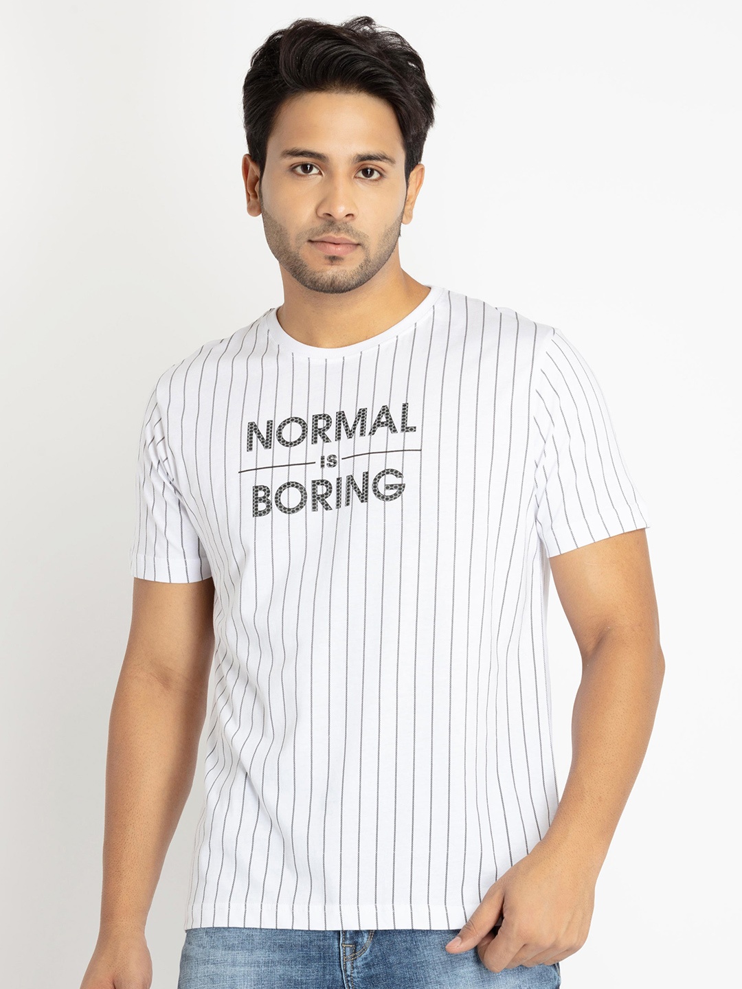 

Status Quo Men Striped Round Neck T-shirt, White